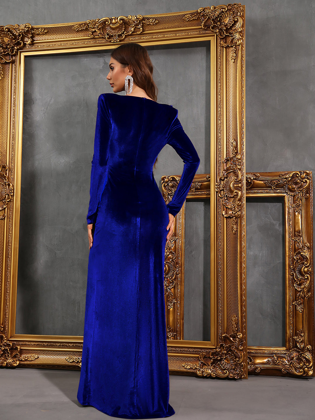 Elegant V Neck Long Sleeve Velvet Silt Dress