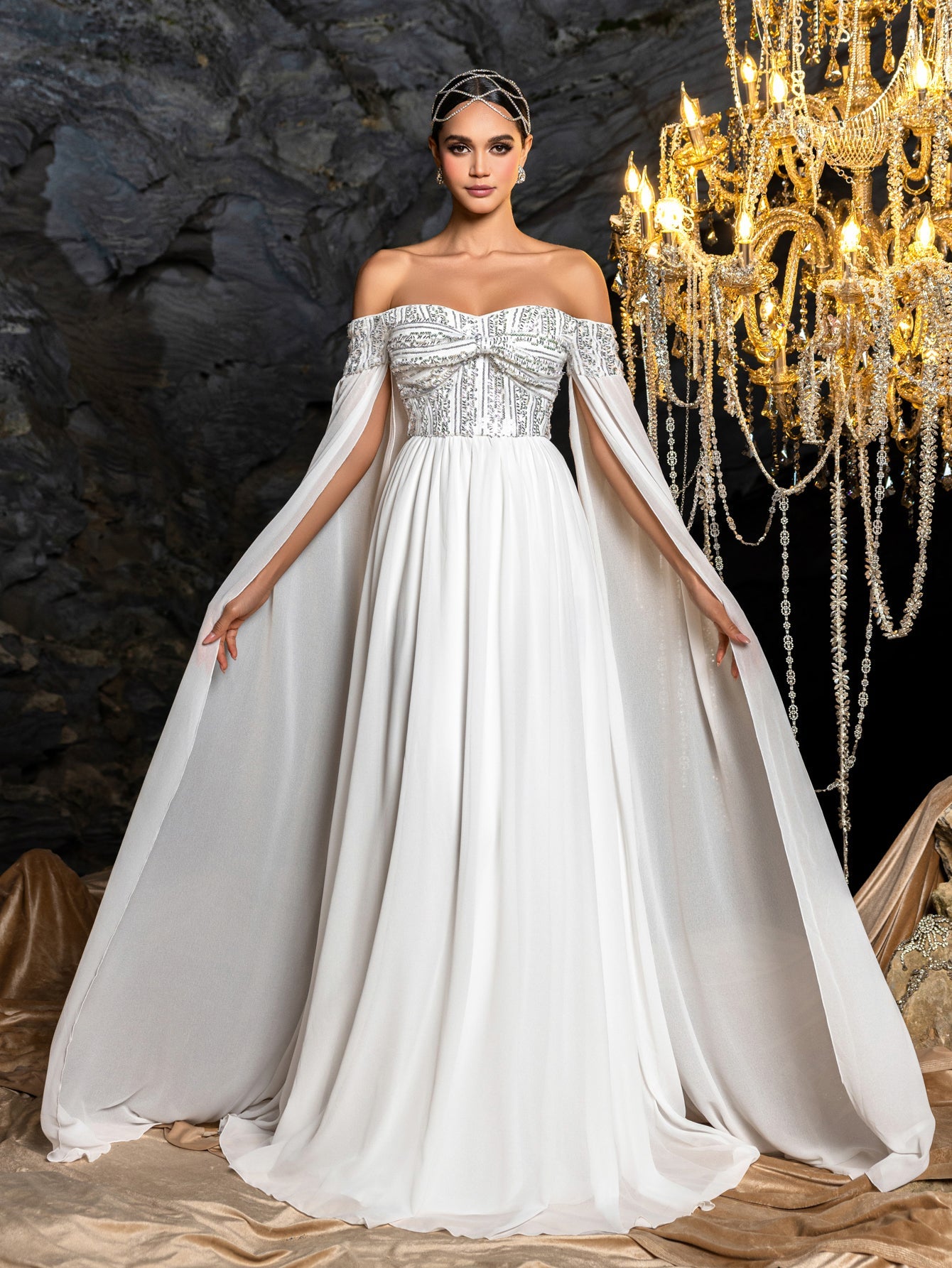 Sequin Bodice with Draped Sleeves and Flowing Skirt