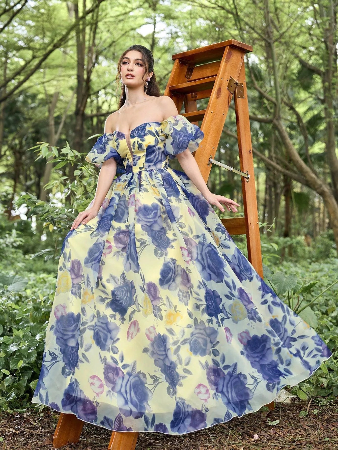 Elegant Floral Organza Off Shoulder Puff Sleeves Evening Dress Yellow / S Elegant Floral Organza Off Shoulder Puff Sleeves Evening Dress Yellow / S