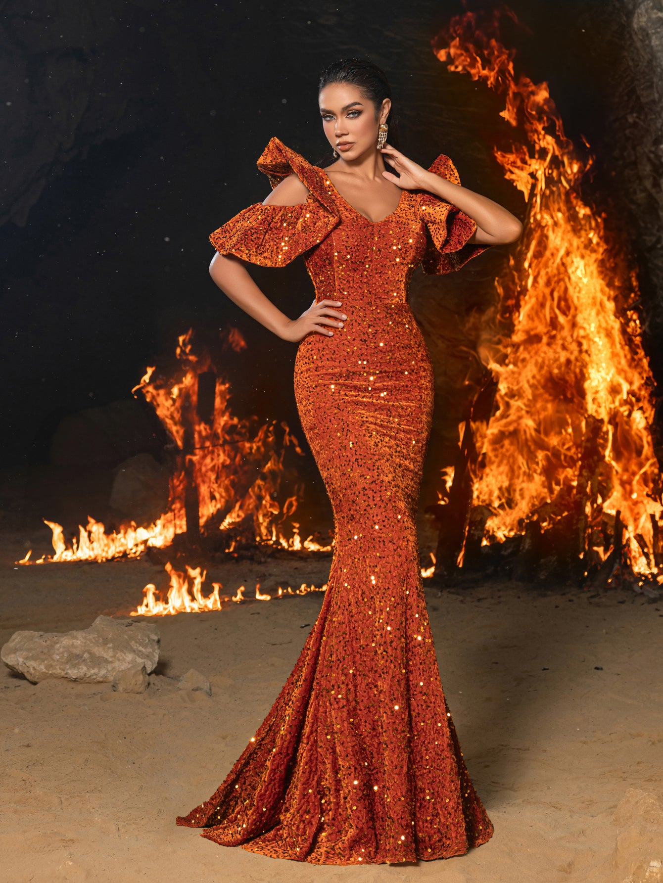 Gorgeous Maxi Sequin Flutter Sleeves Mermaid Evening Dress