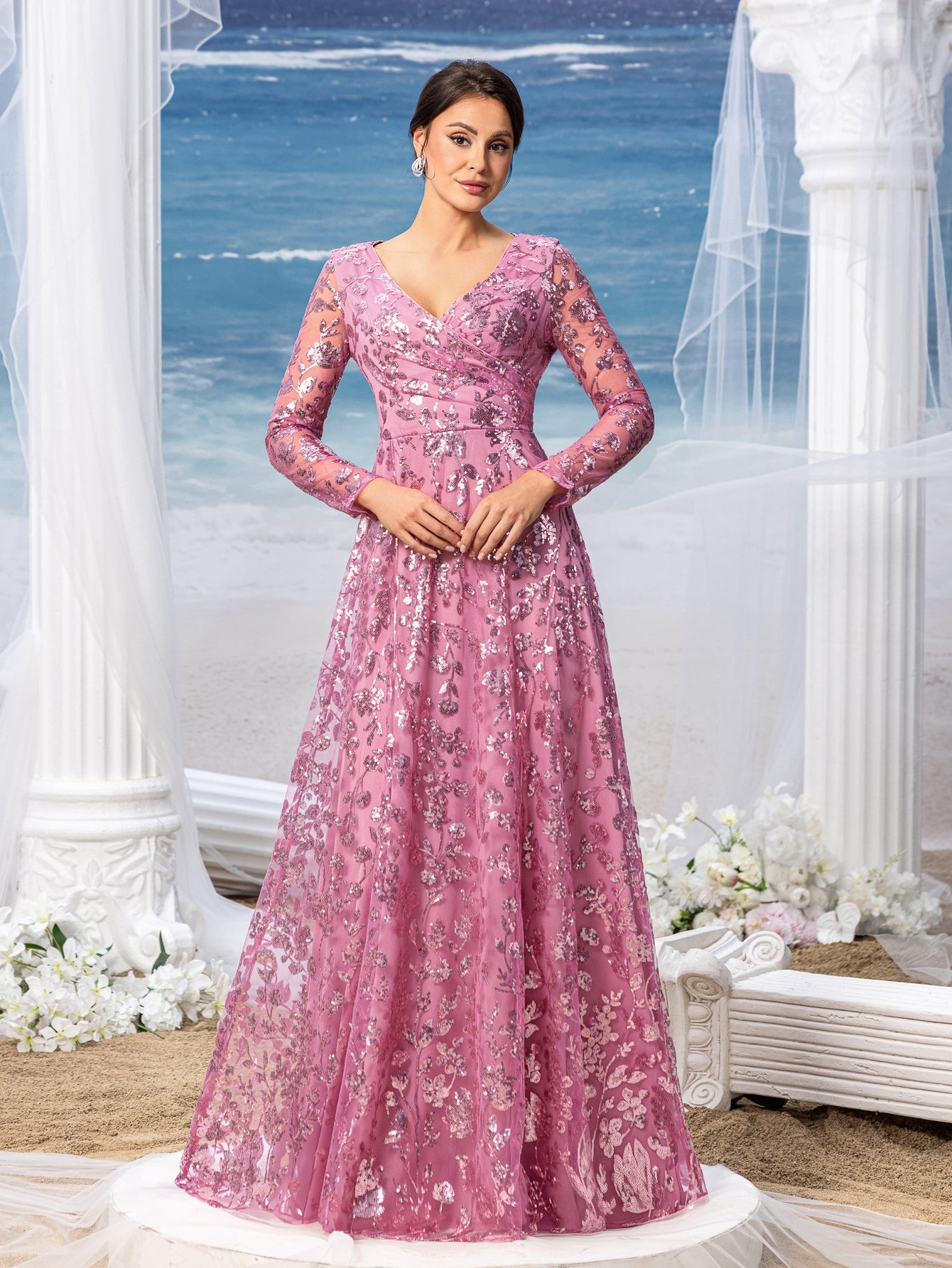 Womens' Elegant V-Neck Evening Gown with Delicate Lace & Silver Embroidery – Long Flowing Skirt for Seaside Weddings & Romantic Beach Events