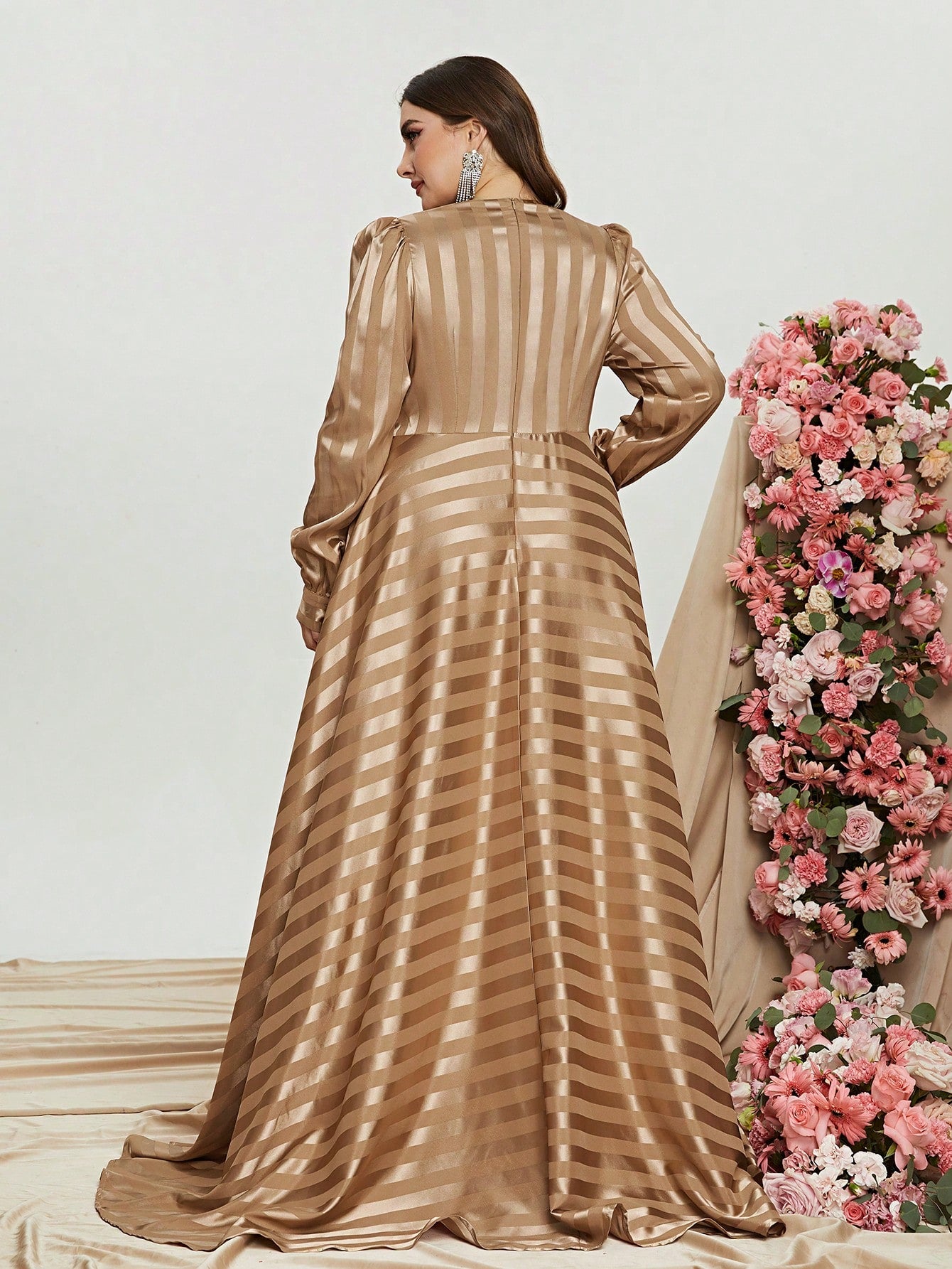 Plus Plunging Neck Long Sleeve A Line Gown