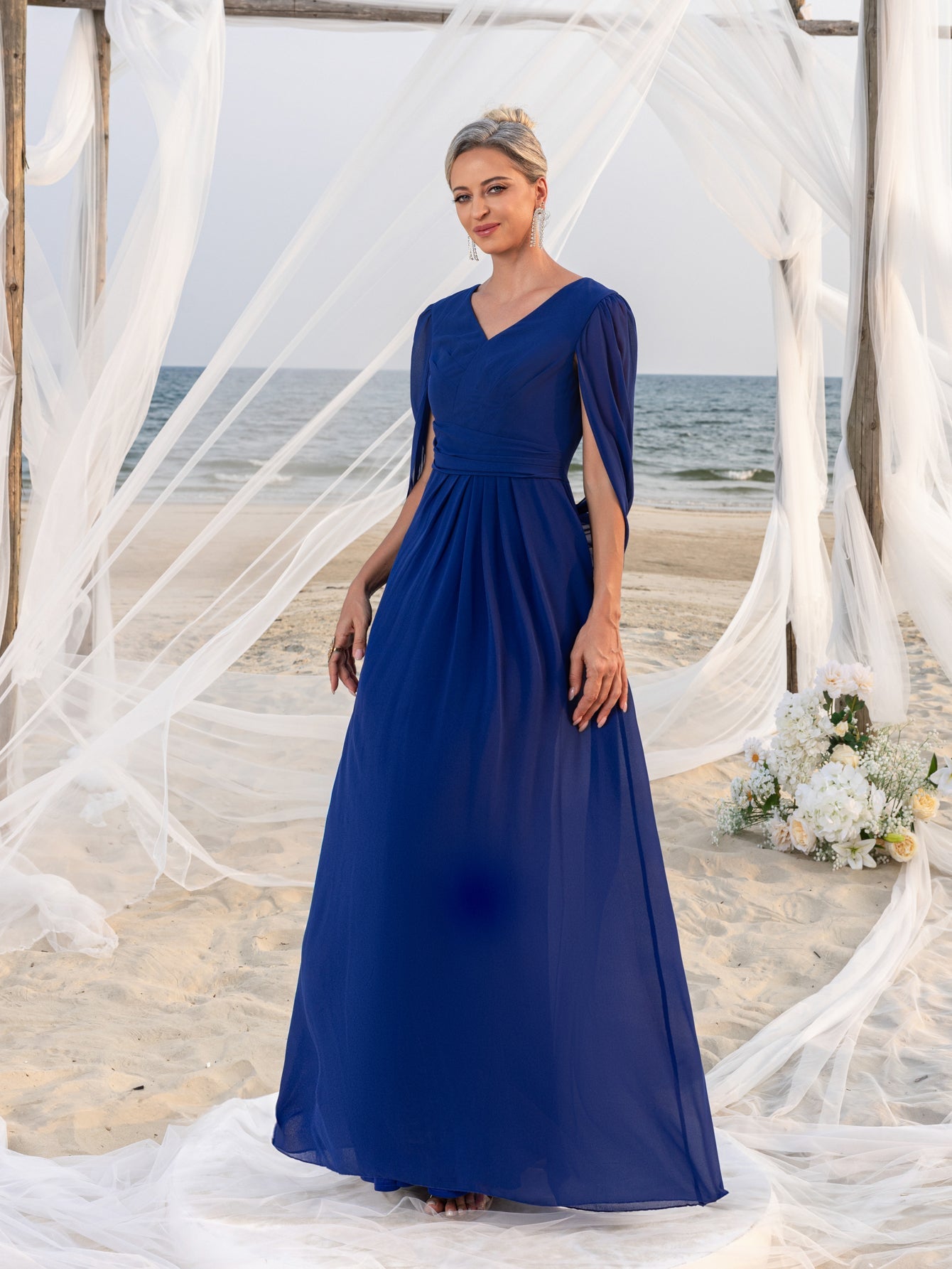 Womens' V-Neck Long-Sleeve Evening Gown with Short Flutter Sleeves – Flowing Tulle Shawl for Outdoor Ceremonies, Formal Garden Parties & Upscale Evening Events