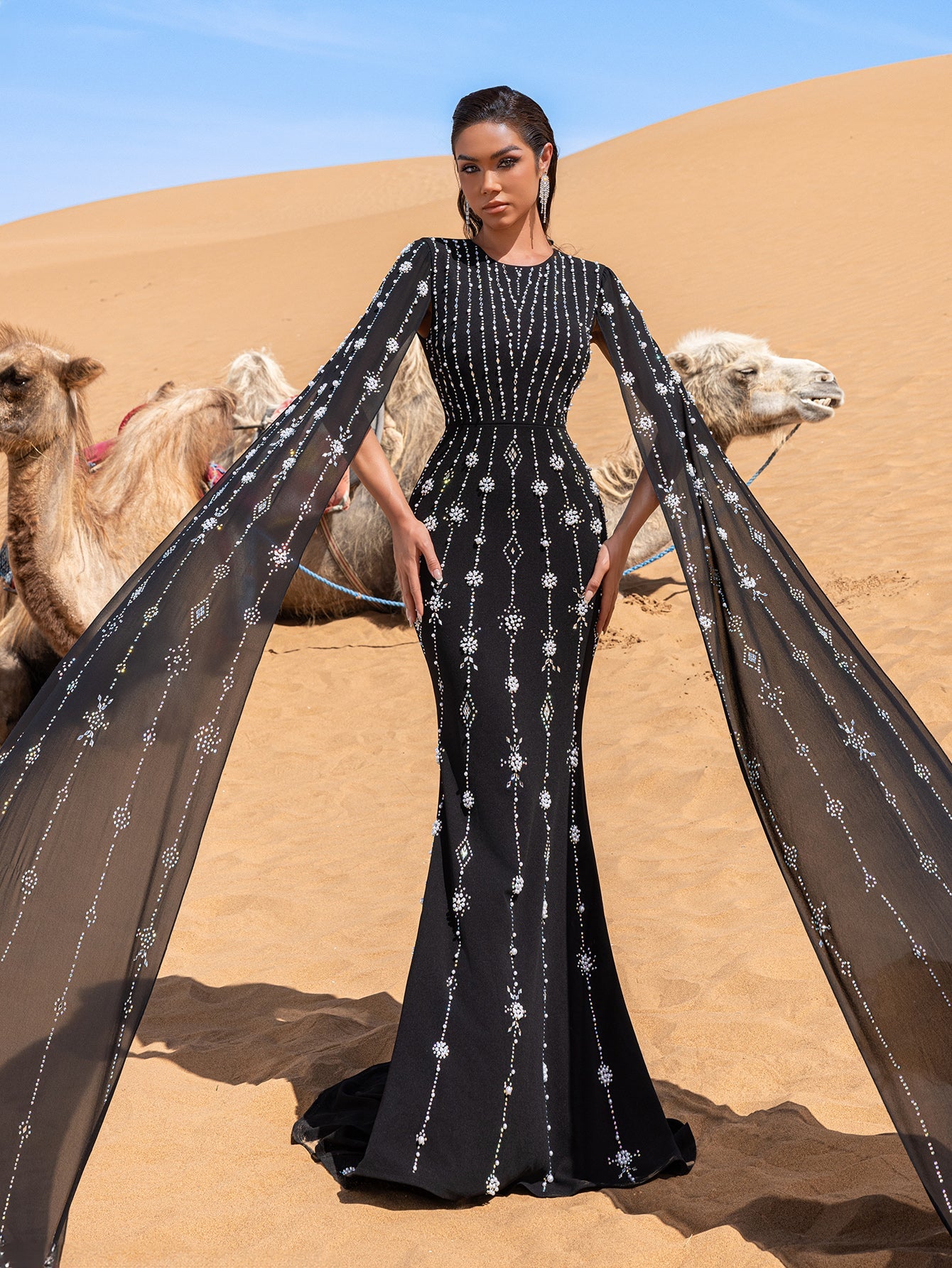 Opulent Rhinestone-Embellished Evening Gown – Luxury Dress for Red Ca Black / M