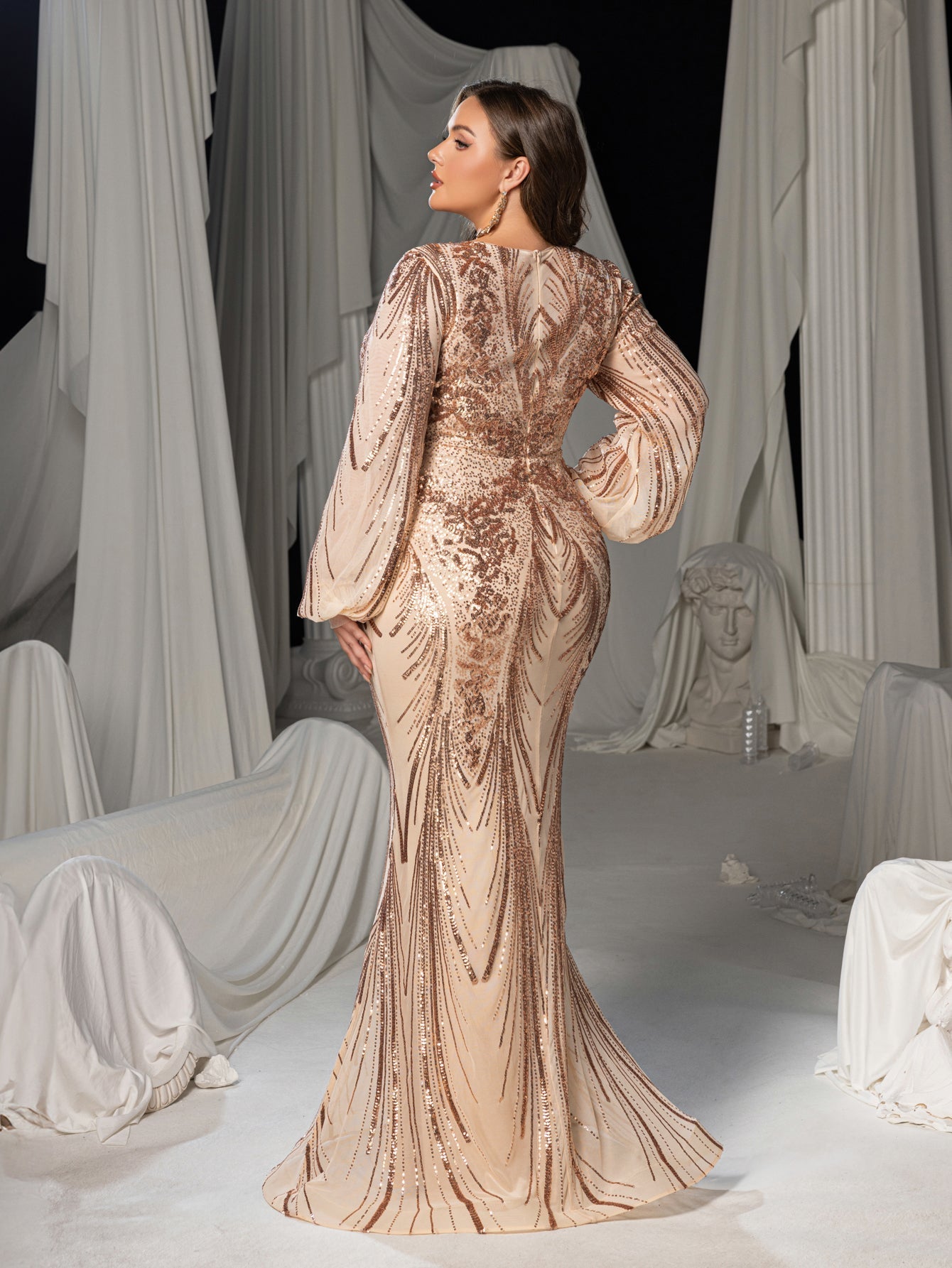 Plus Gorgeous Lantern Sleeves Mermaid Hem Graphic Sequin Evening Dress