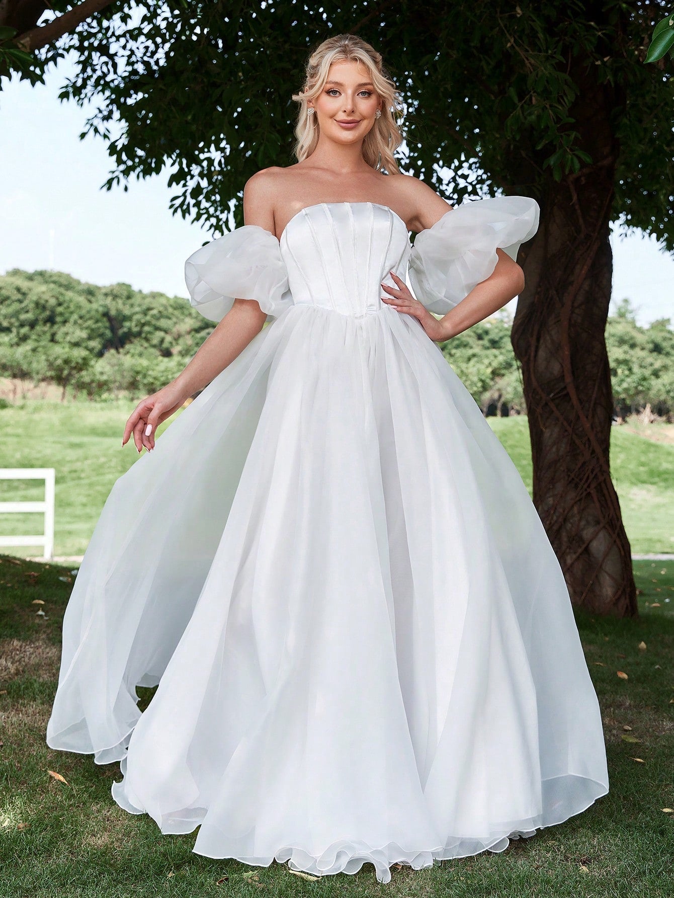 Satin Bodice Contrast Organza Hem Tube Wedding Dresses