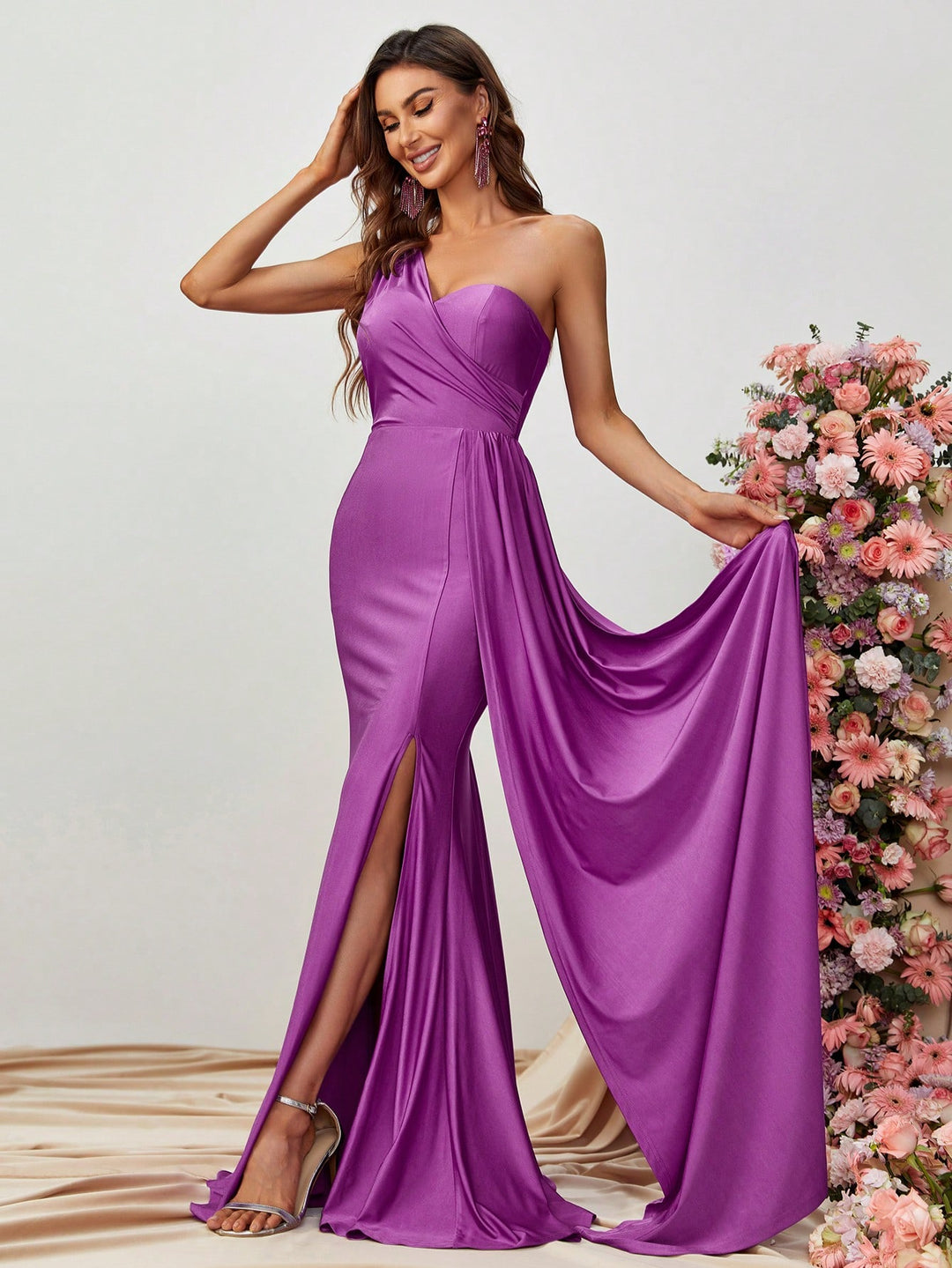 Elegant One Shoulder Sleeveless Satin Slit Dress