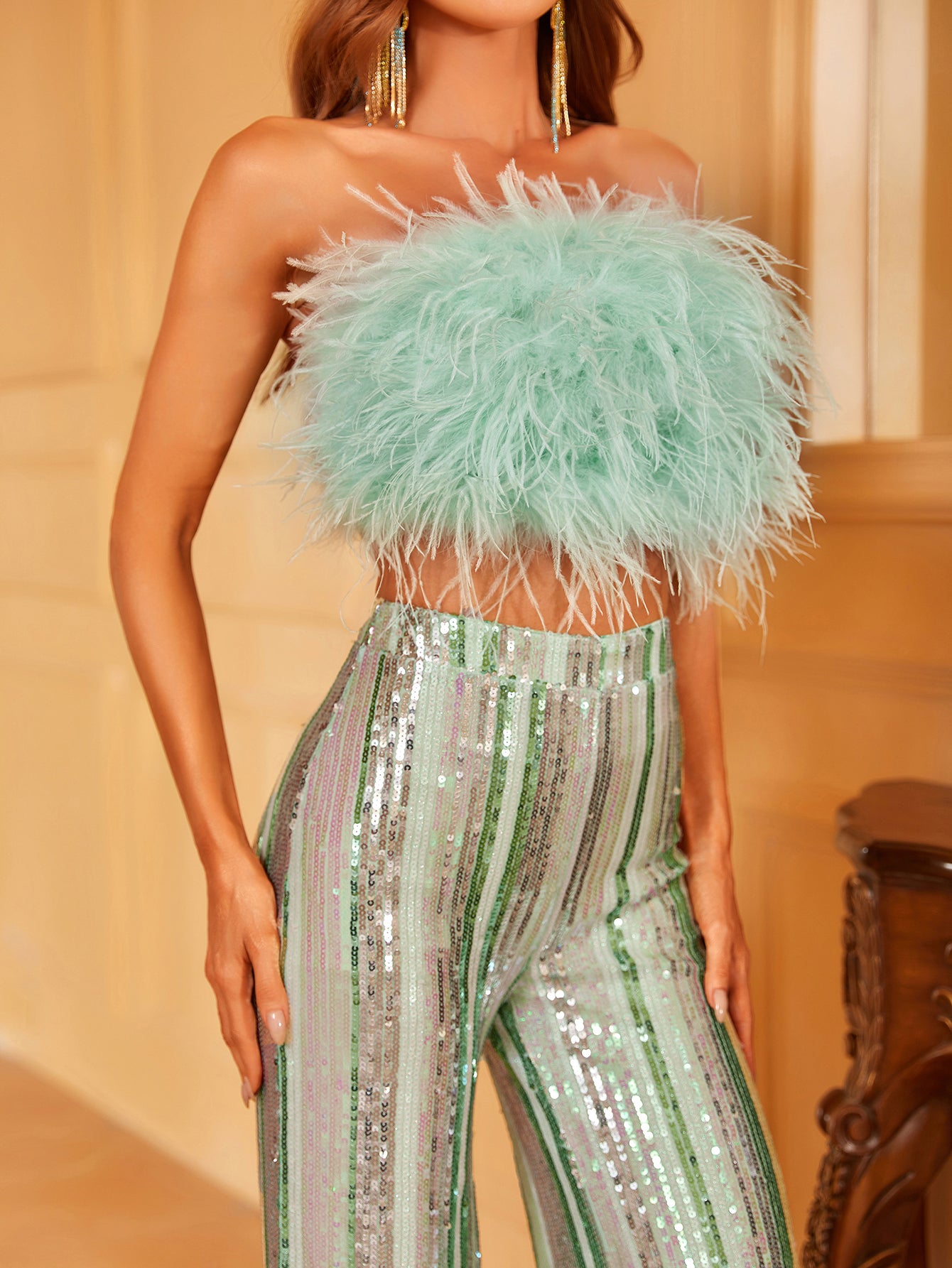Feather Tube Top & Sequin Wide Leg Pants