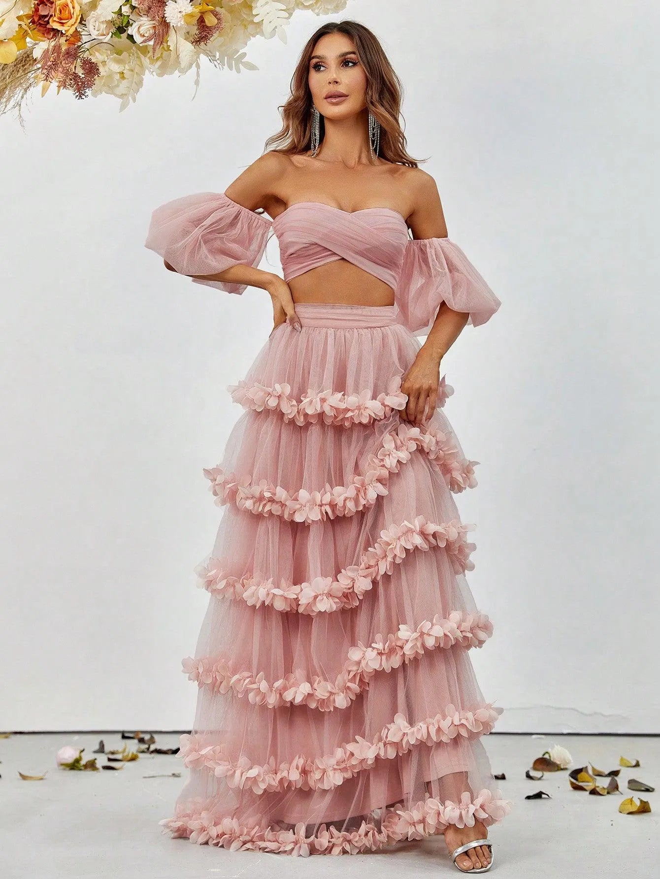 Elegant Off Shoulder Puff Sleeve Crop Top & Frill Trim Mesh Skirt