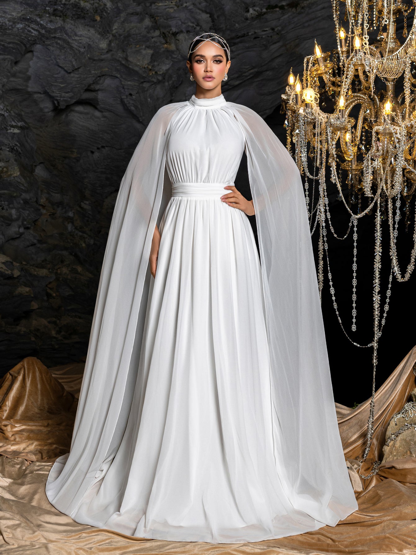 Elegant Mock Neck Cloak Sleeve Chiffon Formal Dress