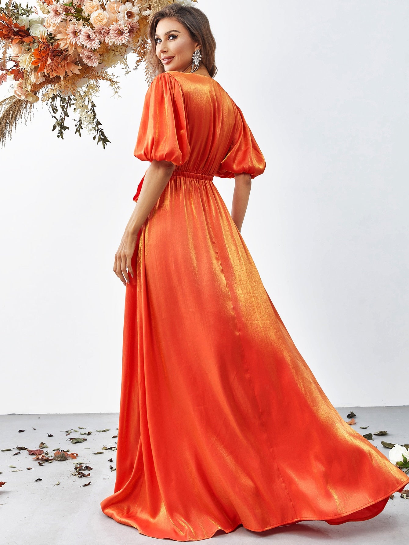 Orange Plunging Neck Puff Sleeve Belted Dress