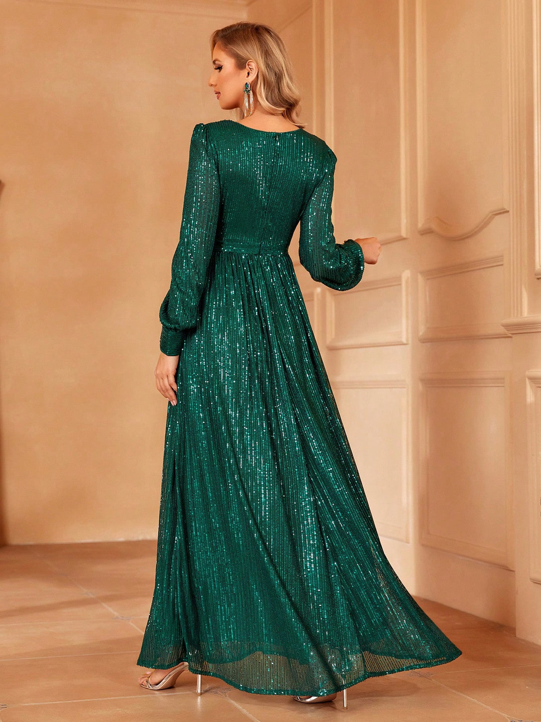 Elegant V Neck Lantern Sleeve Sequin A Line Dresses Grey / L Elegant V Neck Lantern Sleeve Sequin A Line Dresses Grey / L