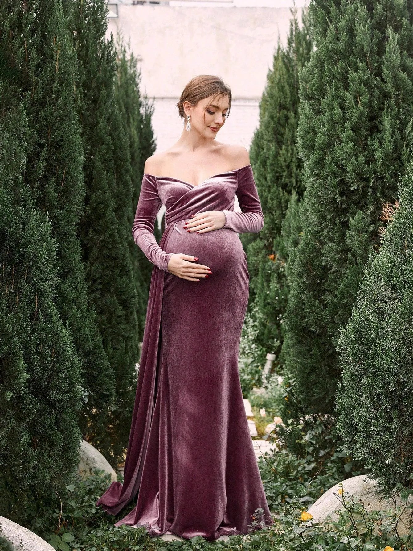 Maternity Off Shoulder Velvet Mermaid Prom Dress Rusty Rose / XXL Maternity Off Shoulder Velvet Mermaid Prom Dress Rusty Rose / XXL
