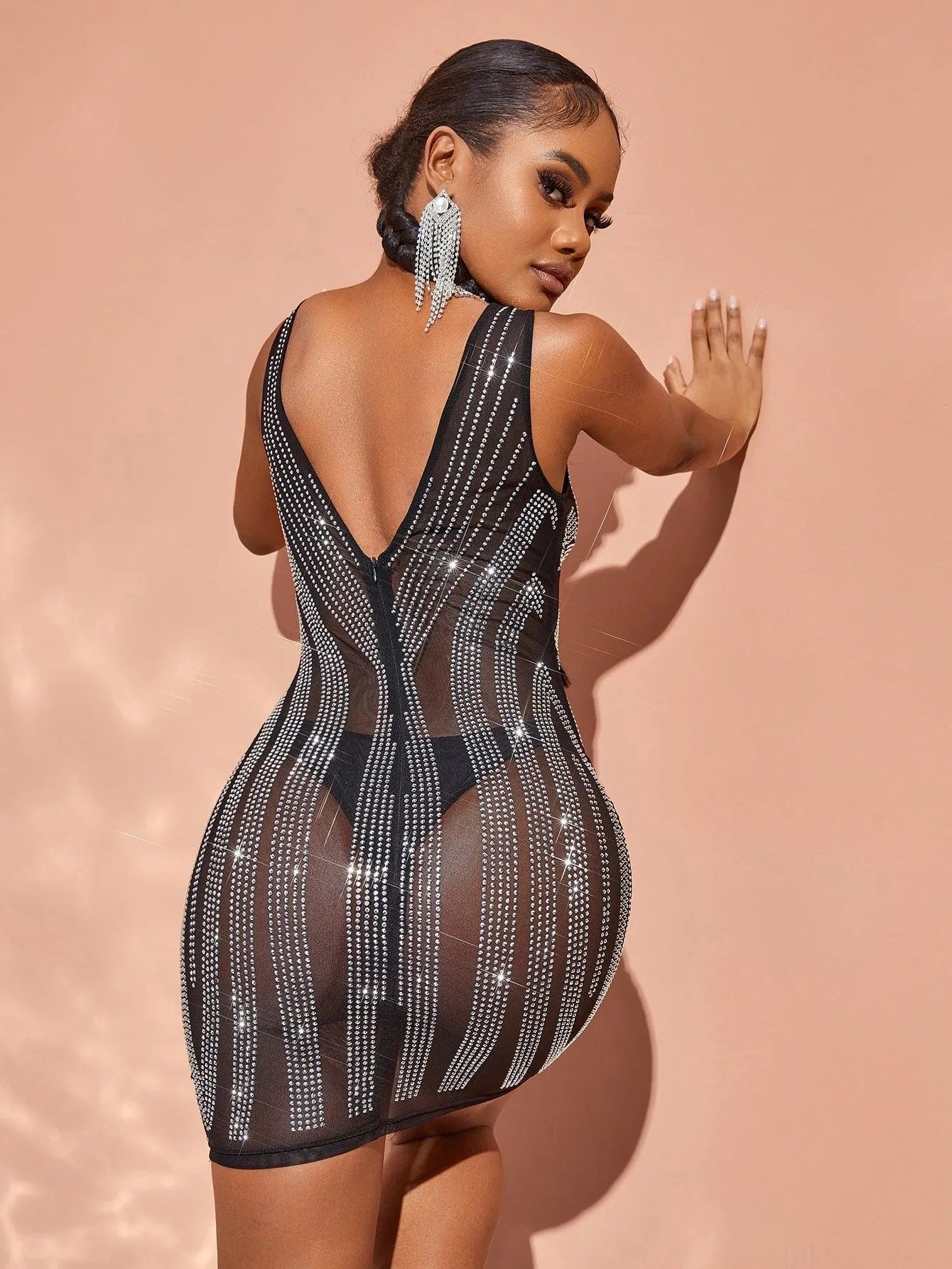 Chic Rhinestone Detail Plunging Neck Sheer Mesh Mini Dress Faeriesty Chic Rhinestone Detail Plunging Neck Sheer Mesh Mini Dress Faeriesty