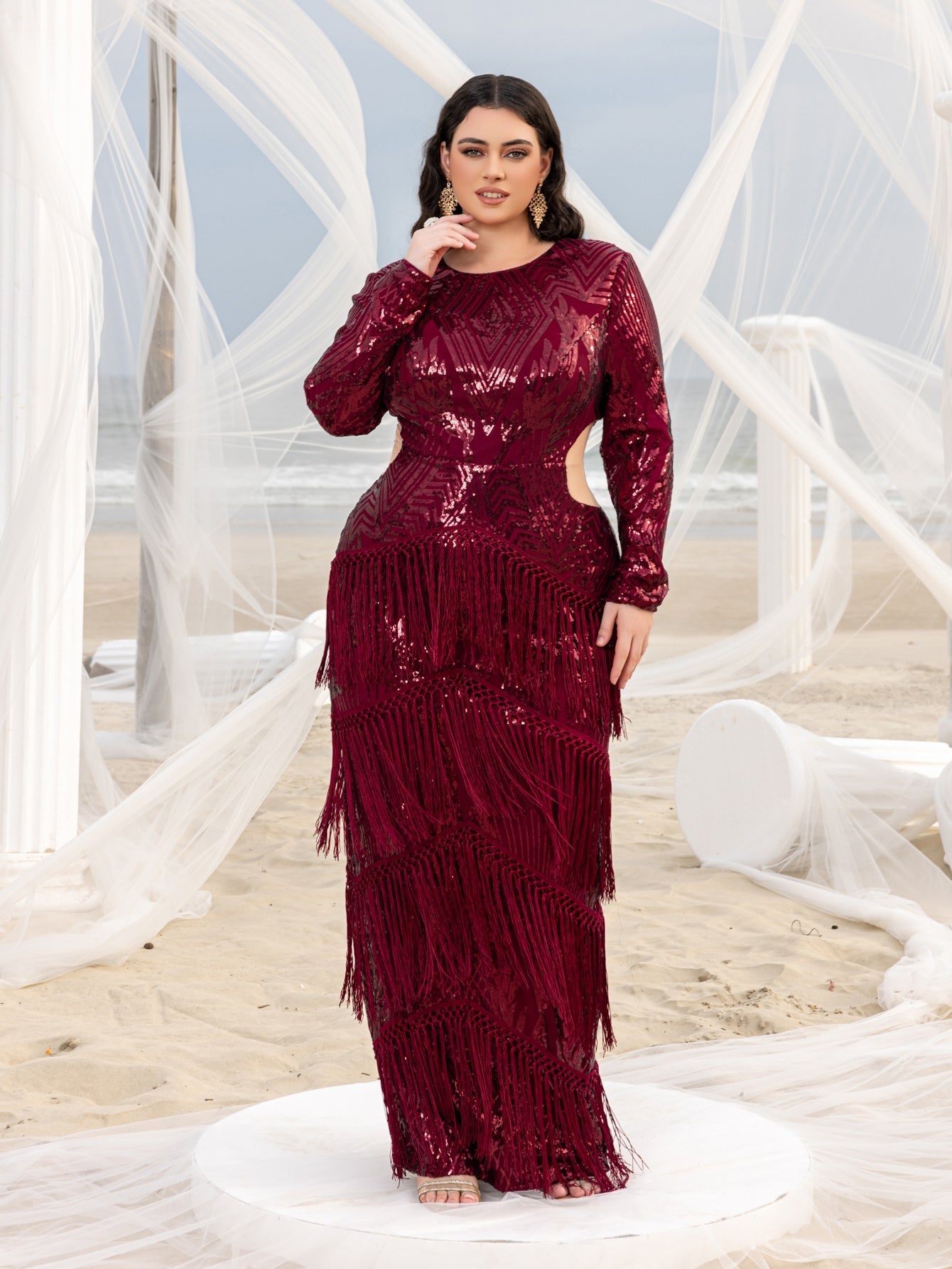 Plus Gorgeous Cut Out Waist Fringed Sequin Party Dress