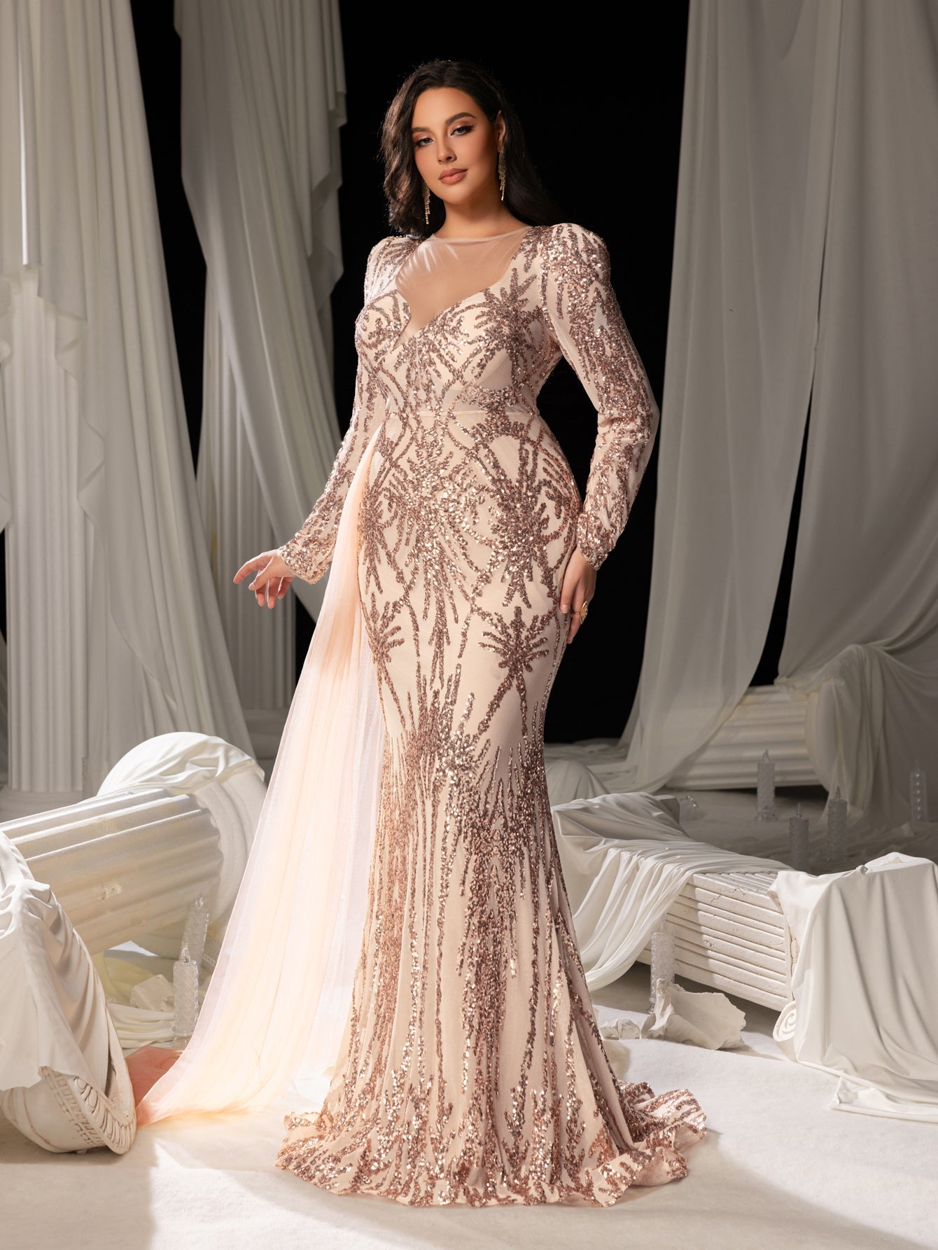 Gorgeous Graphic Sequin Sheer Overlay Mermaid Hem Evening Dress