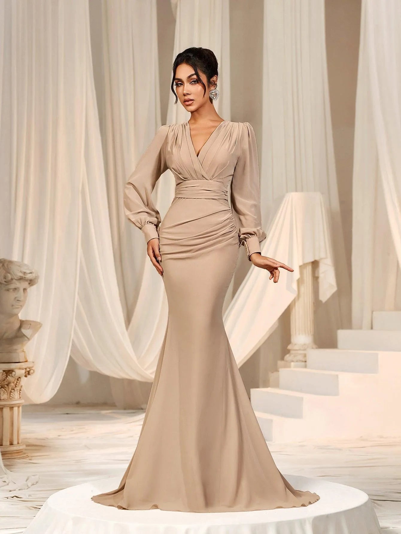 Surplice Neck Lantern Sleeve Chiffon Mermaid Dress Champagne / S Surplice Neck Lantern Sleeve Chiffon Mermaid Dress Champagne / S