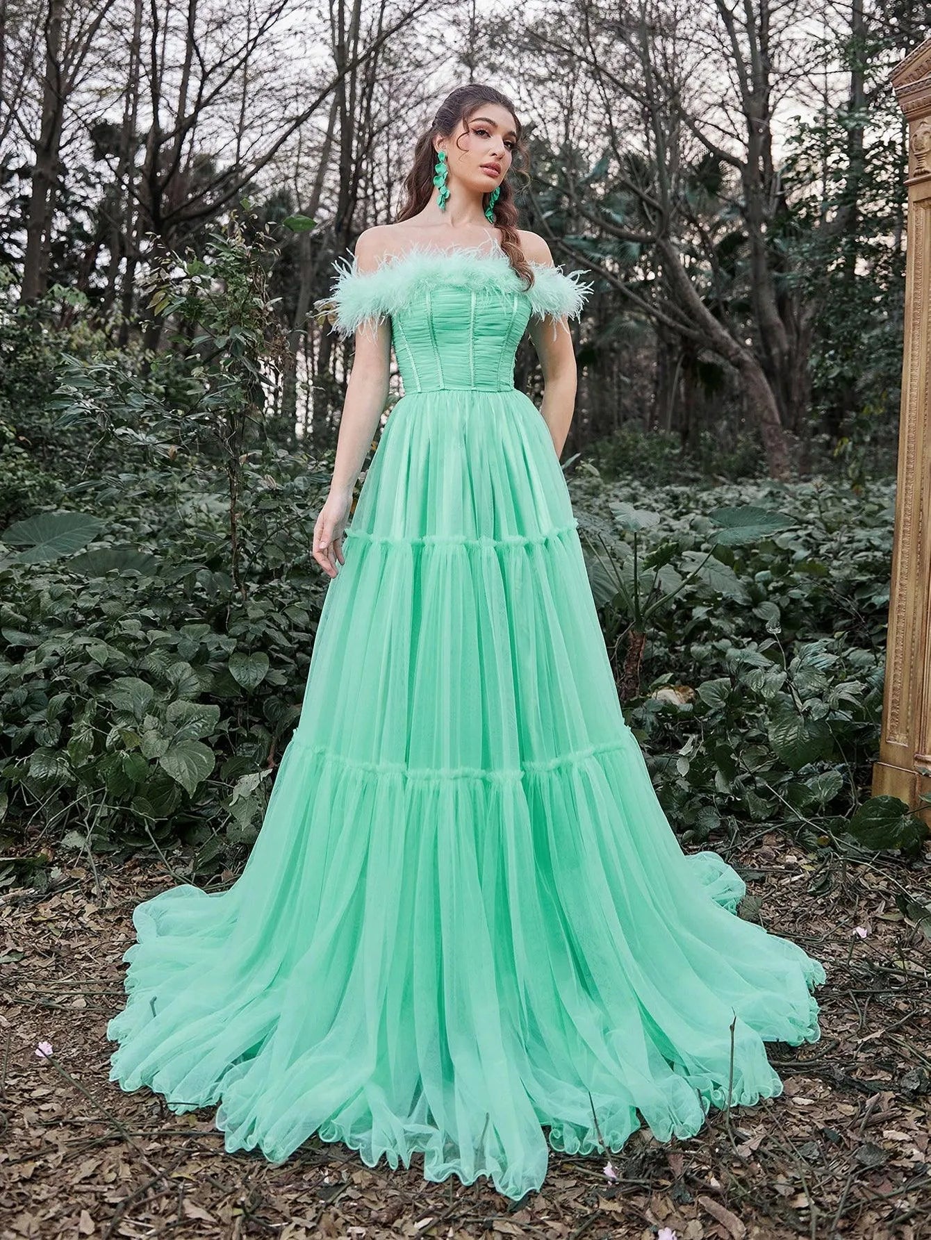 Elegant Feather Trim Off Shoulder Layered Tulle Prom Dress Mint / L Elegant Feather Trim Off Shoulder Layered Tulle Prom Dress Mint / L