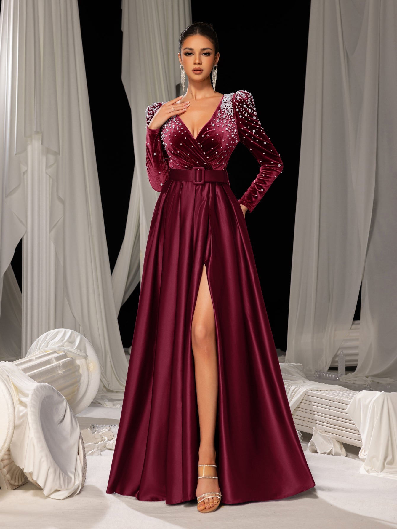 deep v dress red carpet Elegant Evening Gown with Deep V-Neck & Side Slit Luxurious Satin G Royal Blue / M
