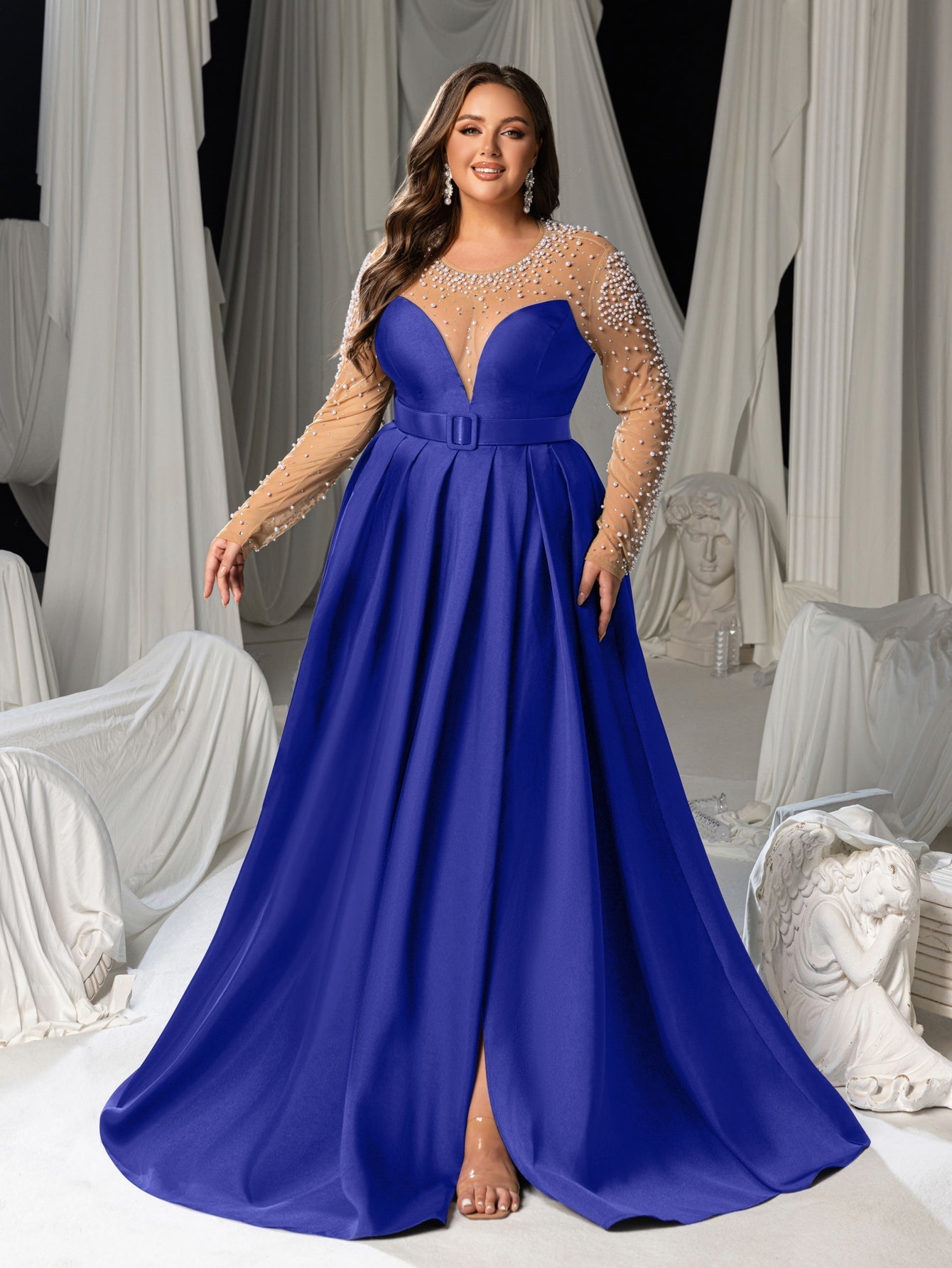 Plus Size Pearl Decoration Sheer Sleeves Satin Evening Gown - Formal Dress with Sash Waist