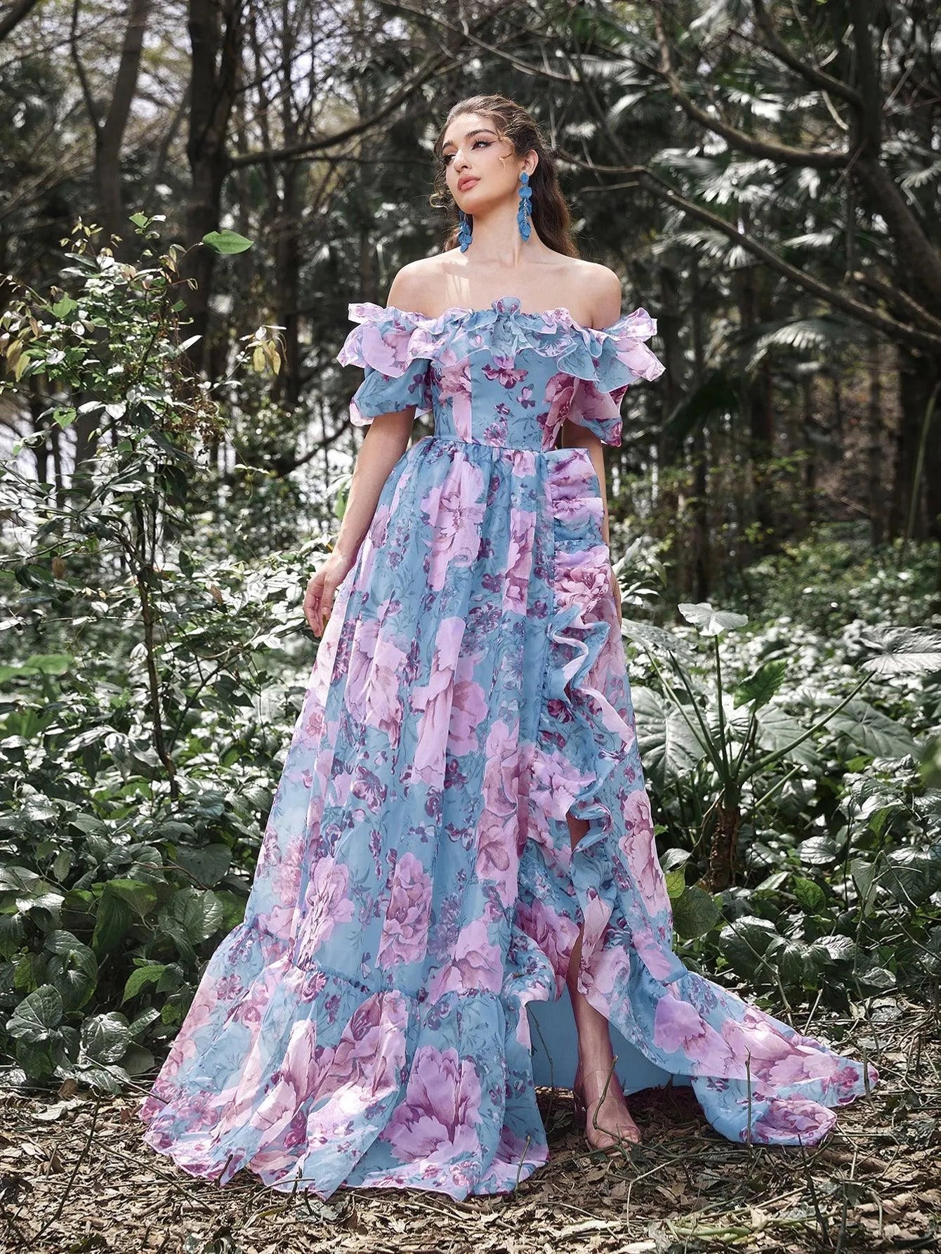 Elegant Ruffle Trim Off Shoulder Floral Organza Prom Dress Dark Green / XS Elegant Ruffle Trim Off Shoulder Floral Organza Prom Dress Dark Green / XS