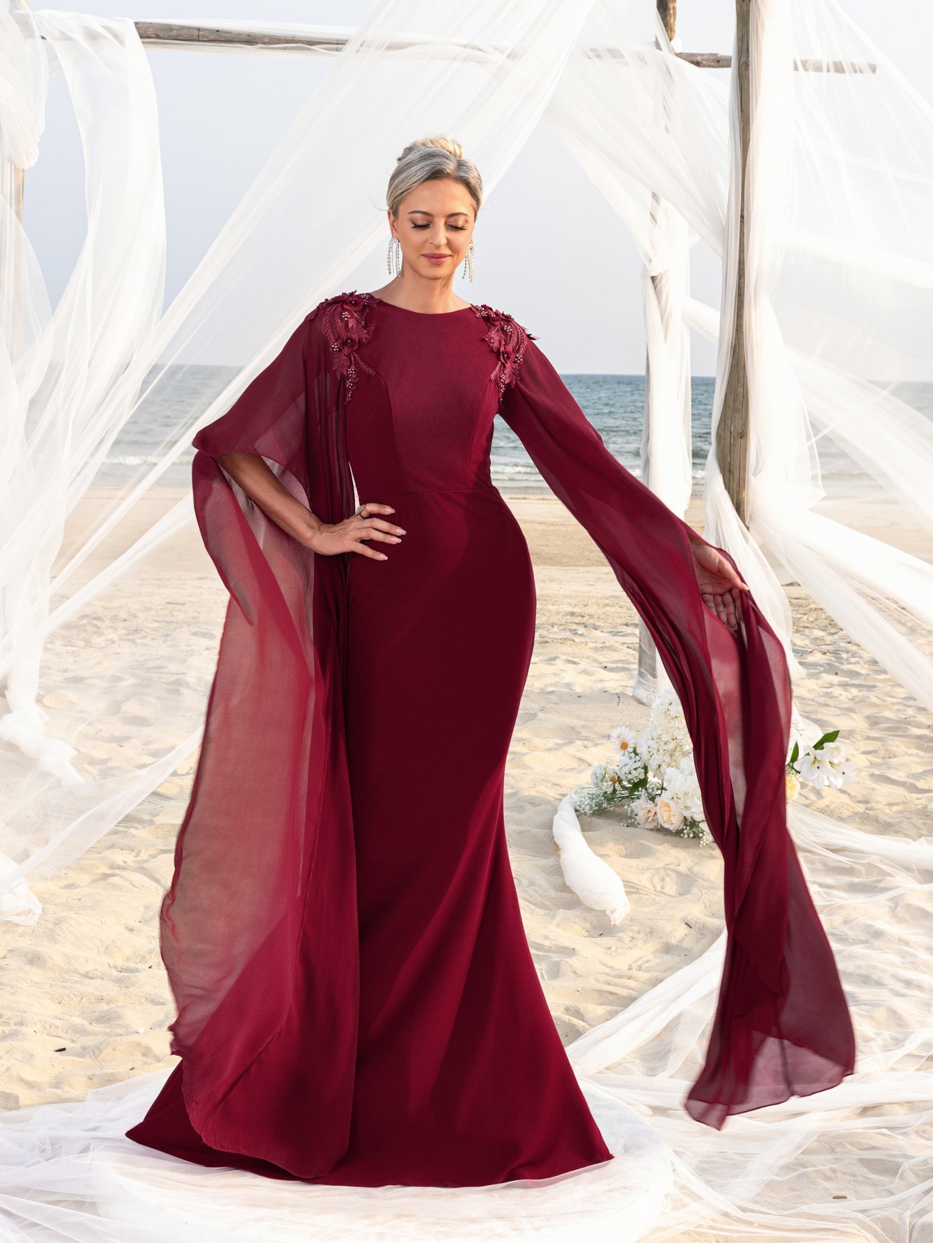 Womens' Mermaid Silhouette Formal Dress with Flared Chiffon Sleeves & Floral Appliqué Detailing