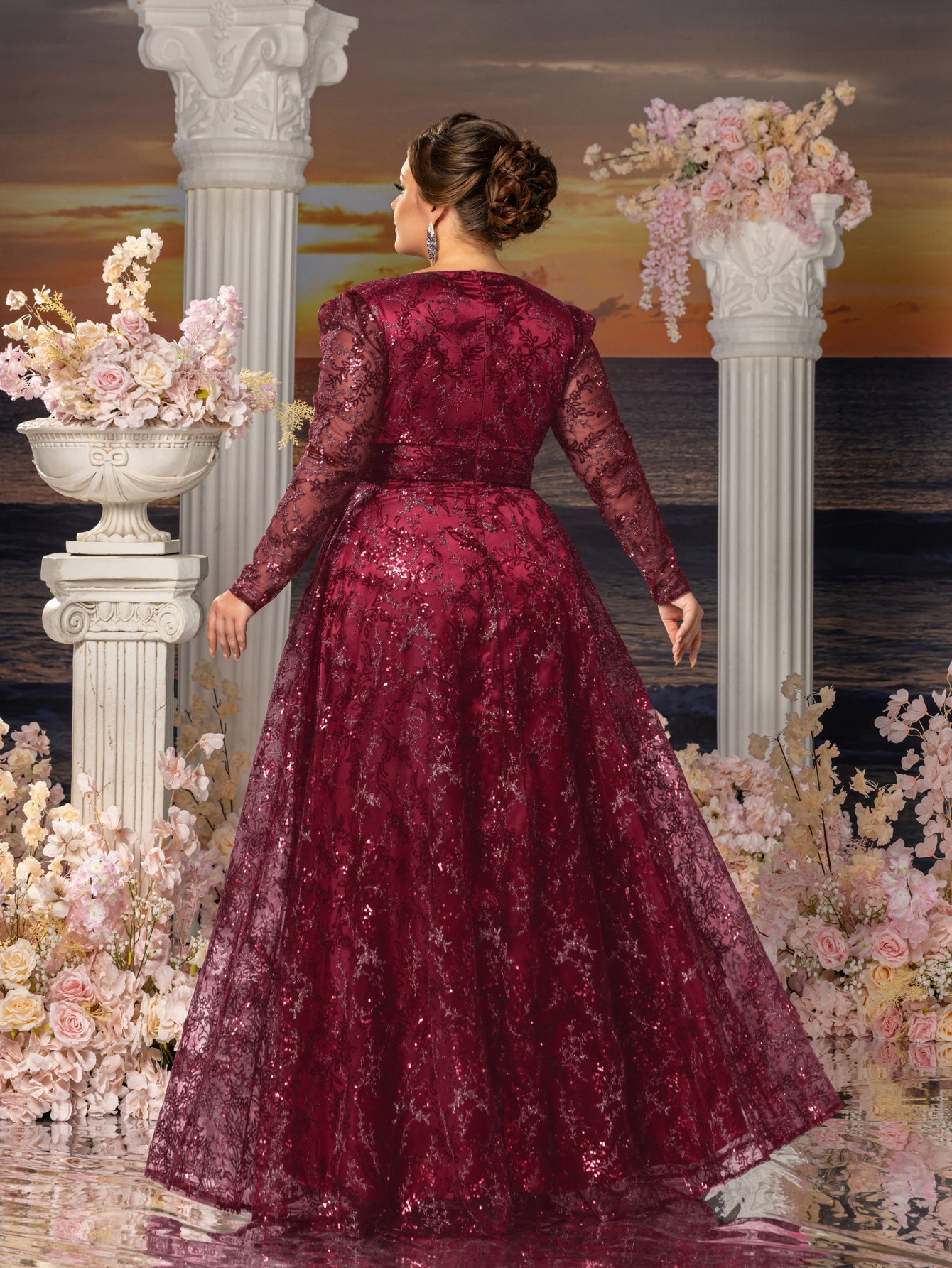 Plus Womens' Elegant Lace & Sequin Evening Gown - V-Neck Long Sleeve Design with Cinched Waist & Flowing A-Line Skirt for Coastal Weddings, Luxury Evening Events