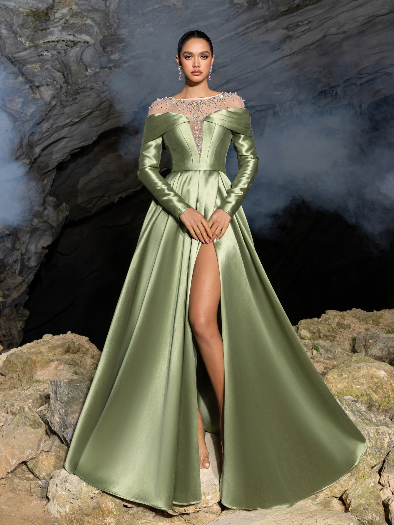 Luxury Beaded Evening Gown with Off-Shoulder Mesh Insert, High Slit Satin Dress for Red Carpet & Gala Events