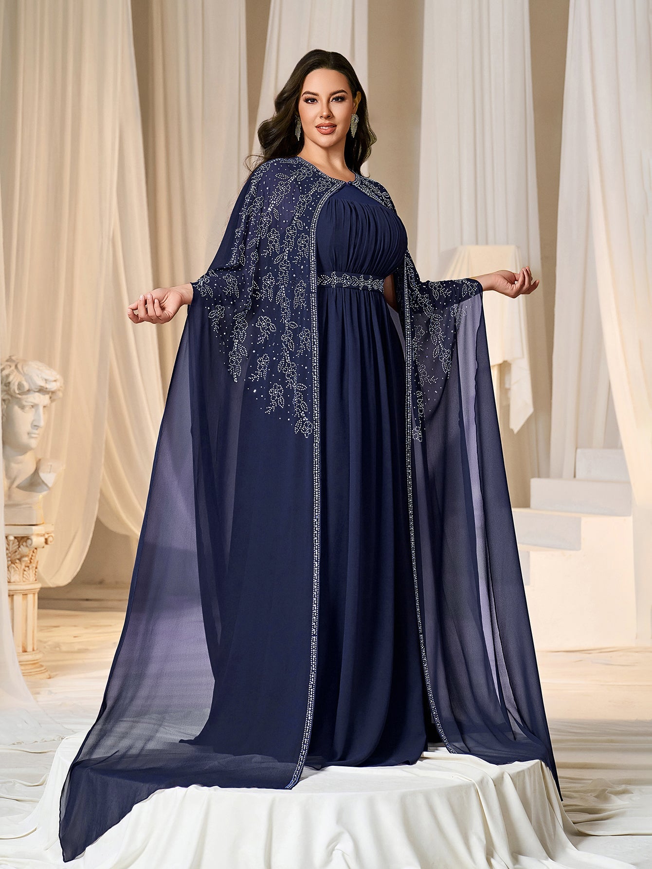 Rhinestone Cape Sleeves & A-Line Skirt with Cathedral Train