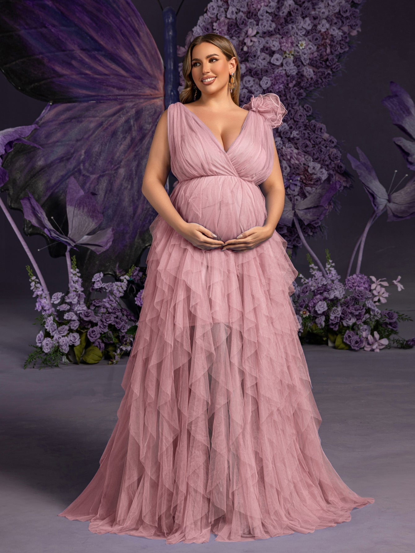 Plus Maternity Plunging Neck Stereo Flower Mesh Overlay Party Dress