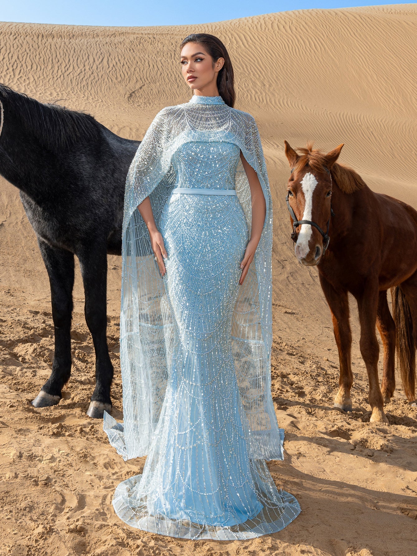 sequin cape dress Luxury Gorgeous Mock Neck Mermaid Hem Beaded Sequin Cape Dress Light Blue / S