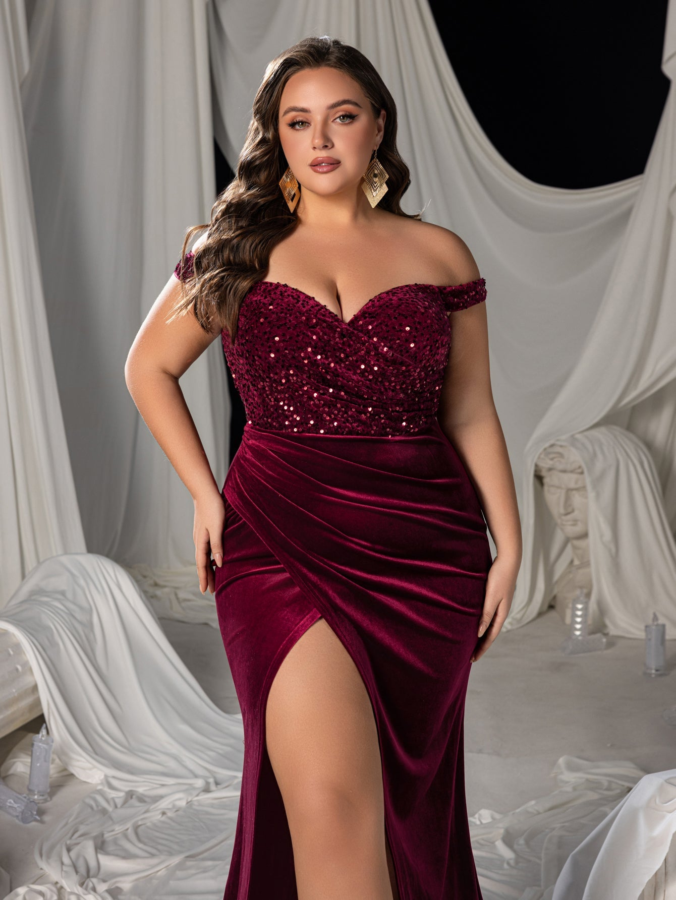 Plus Off-Shoulder Mermaid Gown with Sequined Velvet, High Slit & Floor-Length Train