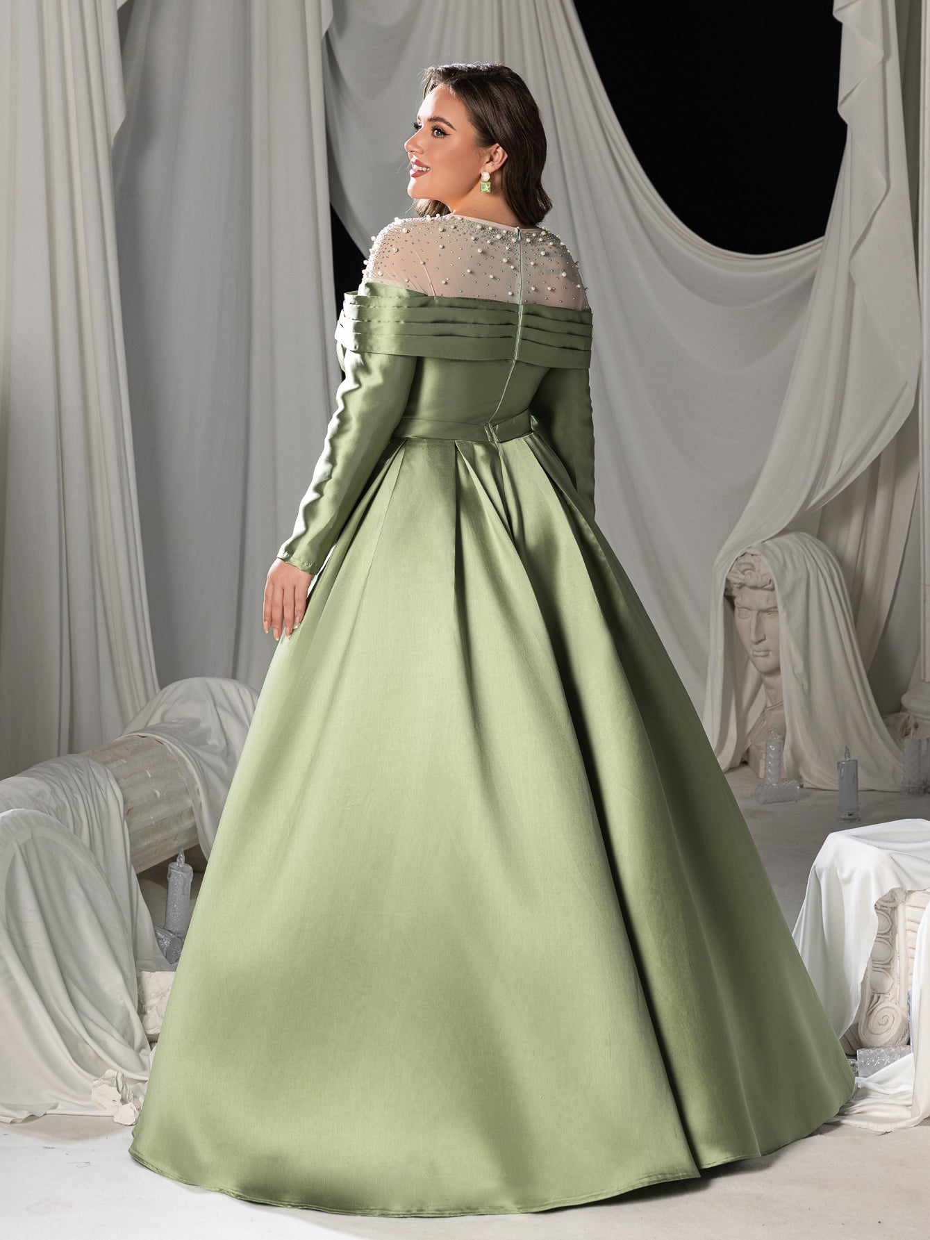 Plus Luxury Beaded Evening Gown with Off-Shoulder Mesh Insert, High Slit Satin Dress for Red Carpet & Gala Events