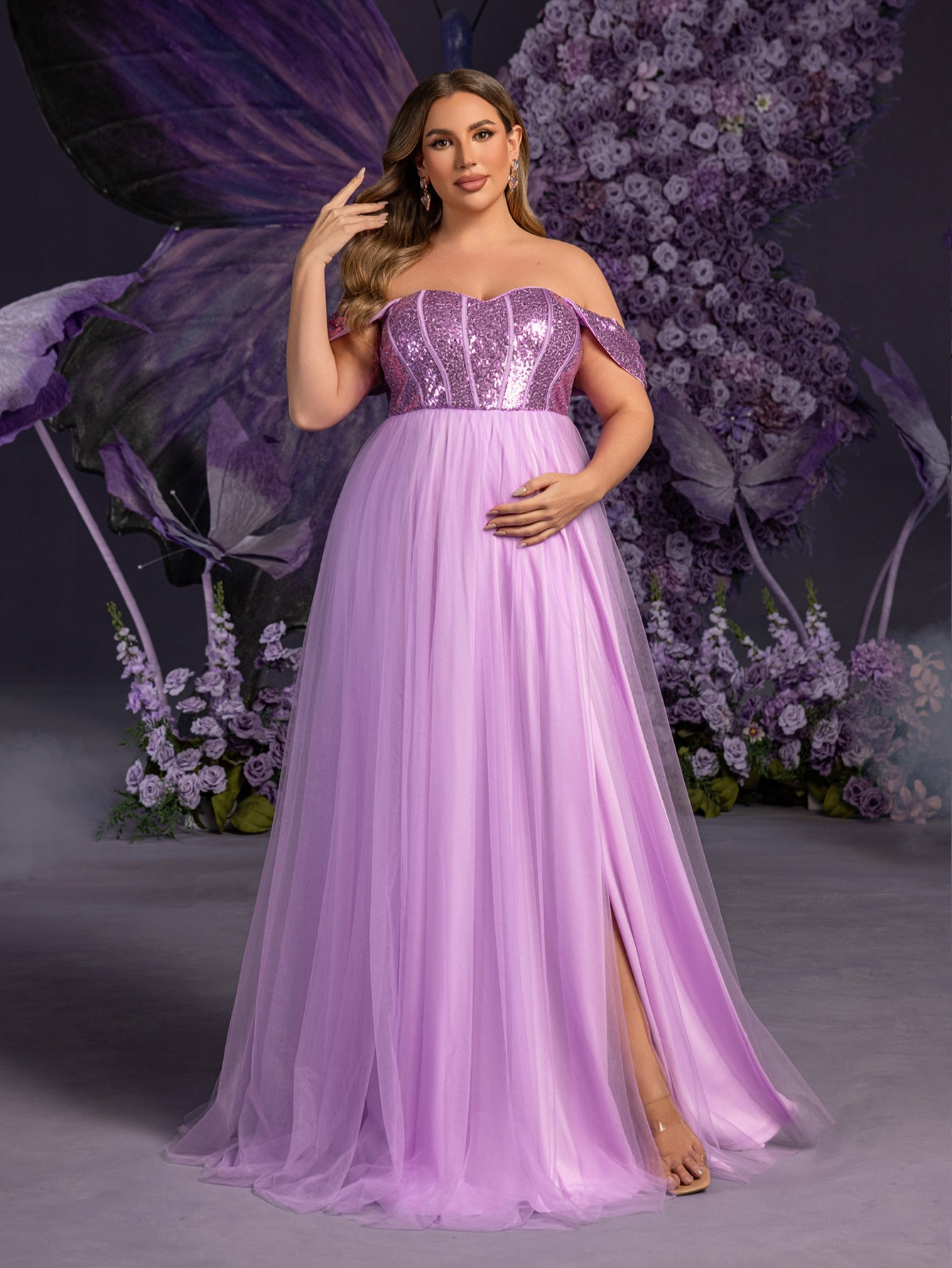Plus Maternity  Off Shoulder Sequin Bodice Contrast Tulle Evening Dress