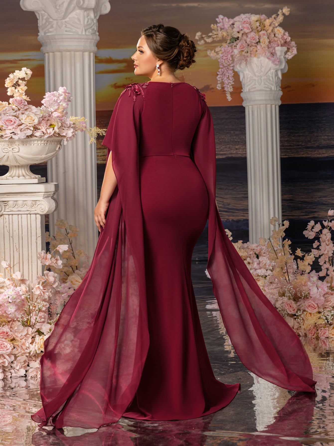 Plus Womens' Mermaid Silhouette Formal Dress with Flared Chiffon Sleeves & Floral Appliqué Detailing