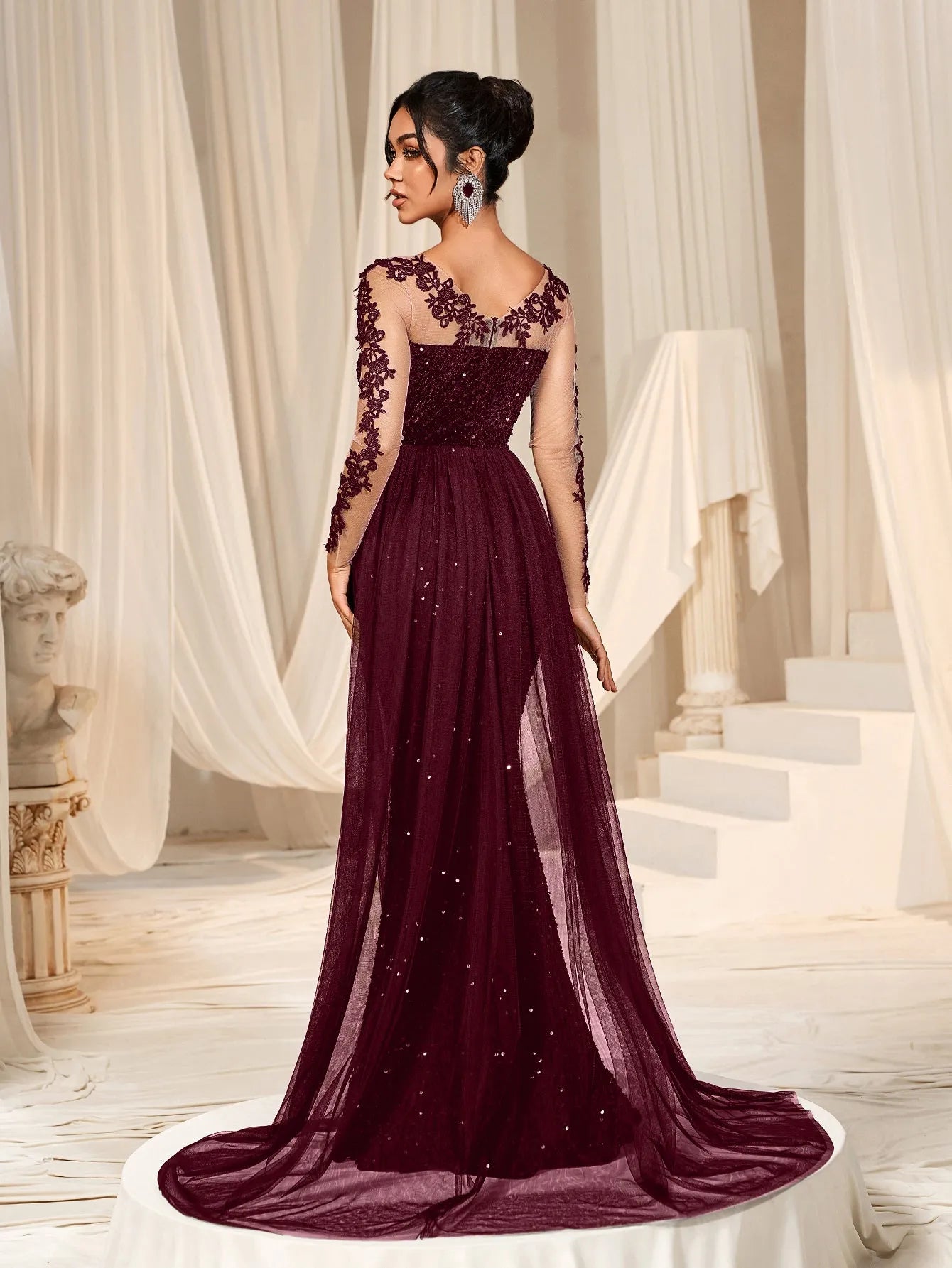 Elegant Sheer Sleeves Mesh Train Sequin Evening Dress Royal Blue / S Elegant Sheer Sleeves Mesh Train Sequin Evening Dress Royal Blue / S