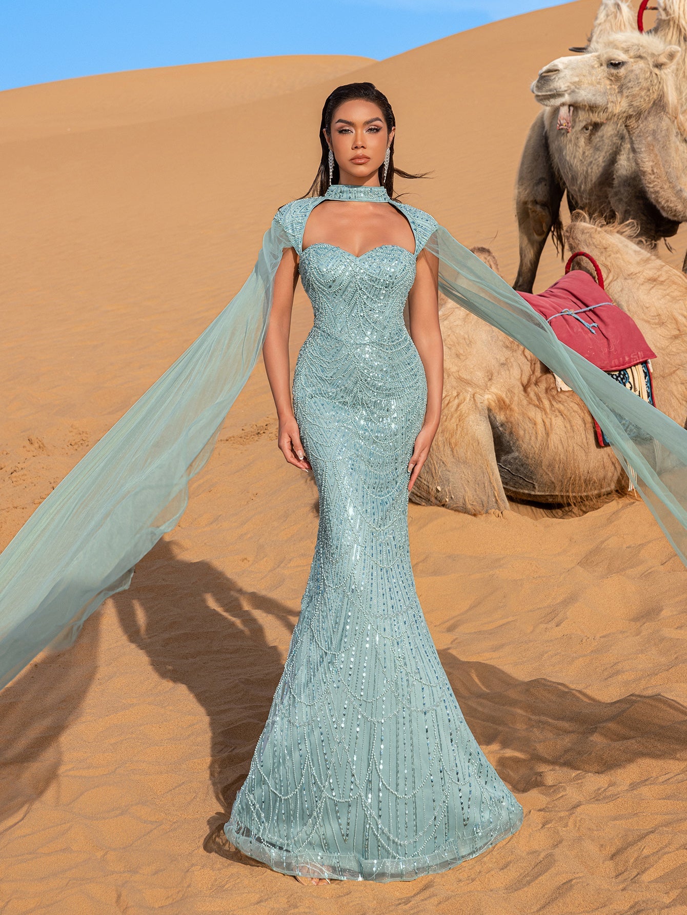 Gorgeous Choker Neck Backless Extra-Long Sleeves Beaded Formal Dress Blue Ashes / S Gorgeous Choker Neck Backless Extra-Long Sleeves Beaded Formal Dress Blue Ashes / S