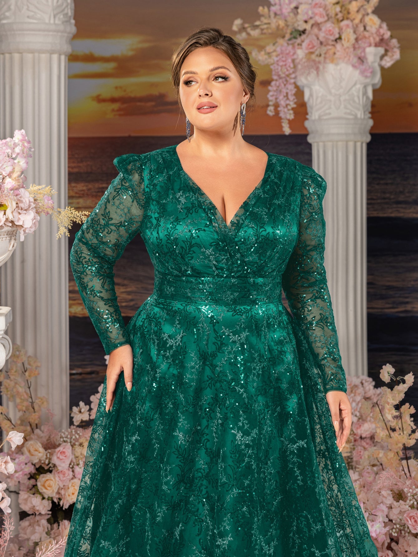 Plus Womens' Elegant Lace & Sequin Evening Gown - V-Neck Long Sleeve Design with Cinched Waist & Flowing A-Line Skirt for Coastal Weddings, Luxury Evening Events