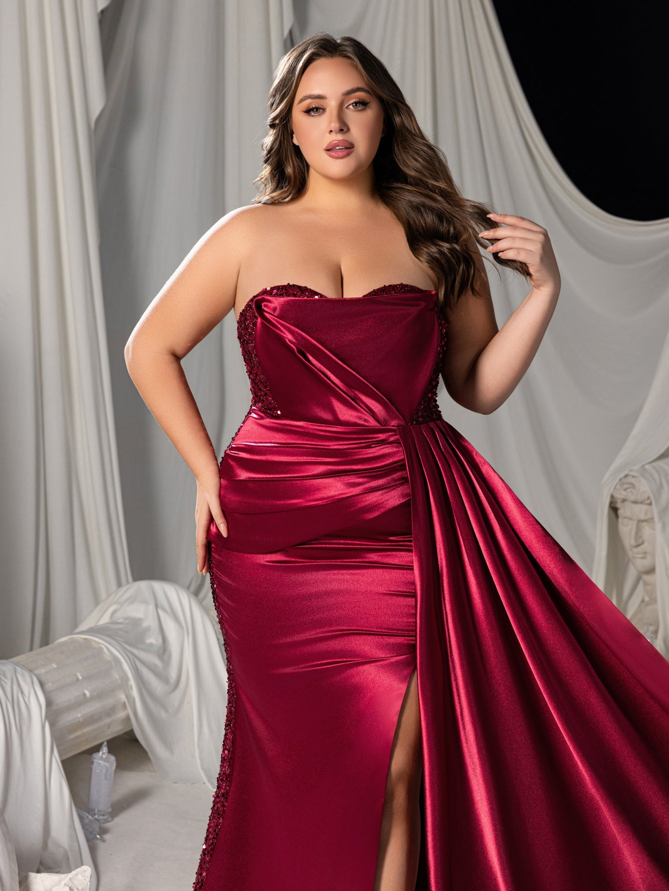 Plus Strapless Mermaid Hem Satin Evening Dress with Sequin Accents