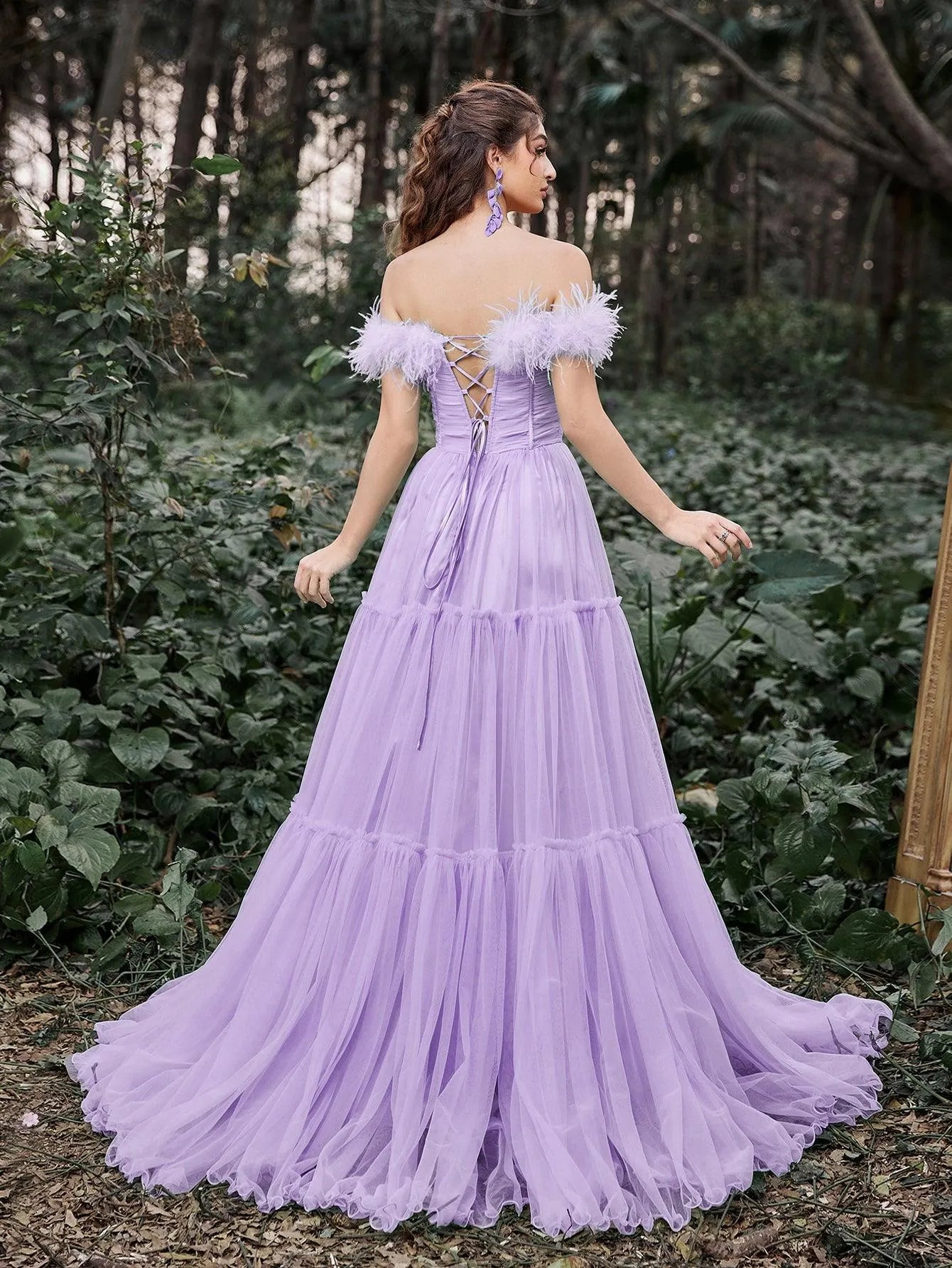 Elegant Feather Trim Off Shoulder Layered Tulle Prom Dress Mint / L Elegant Feather Trim Off Shoulder Layered Tulle Prom Dress Mint / L