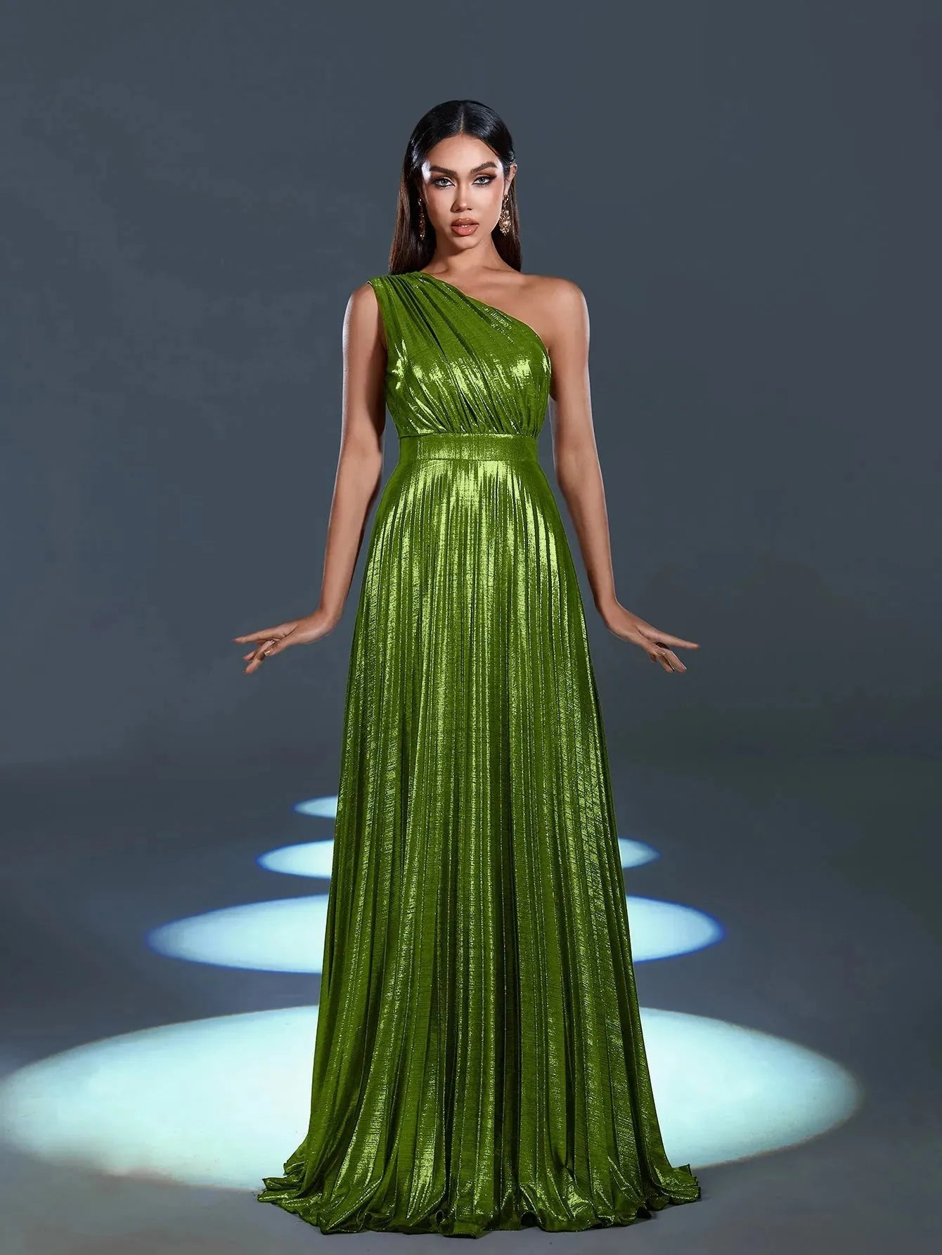 Metallic One Shoulder Sleeveless Pleated Evening Dress Bronze / S Metallic One Shoulder Sleeveless Pleated Evening Dress Bronze / S