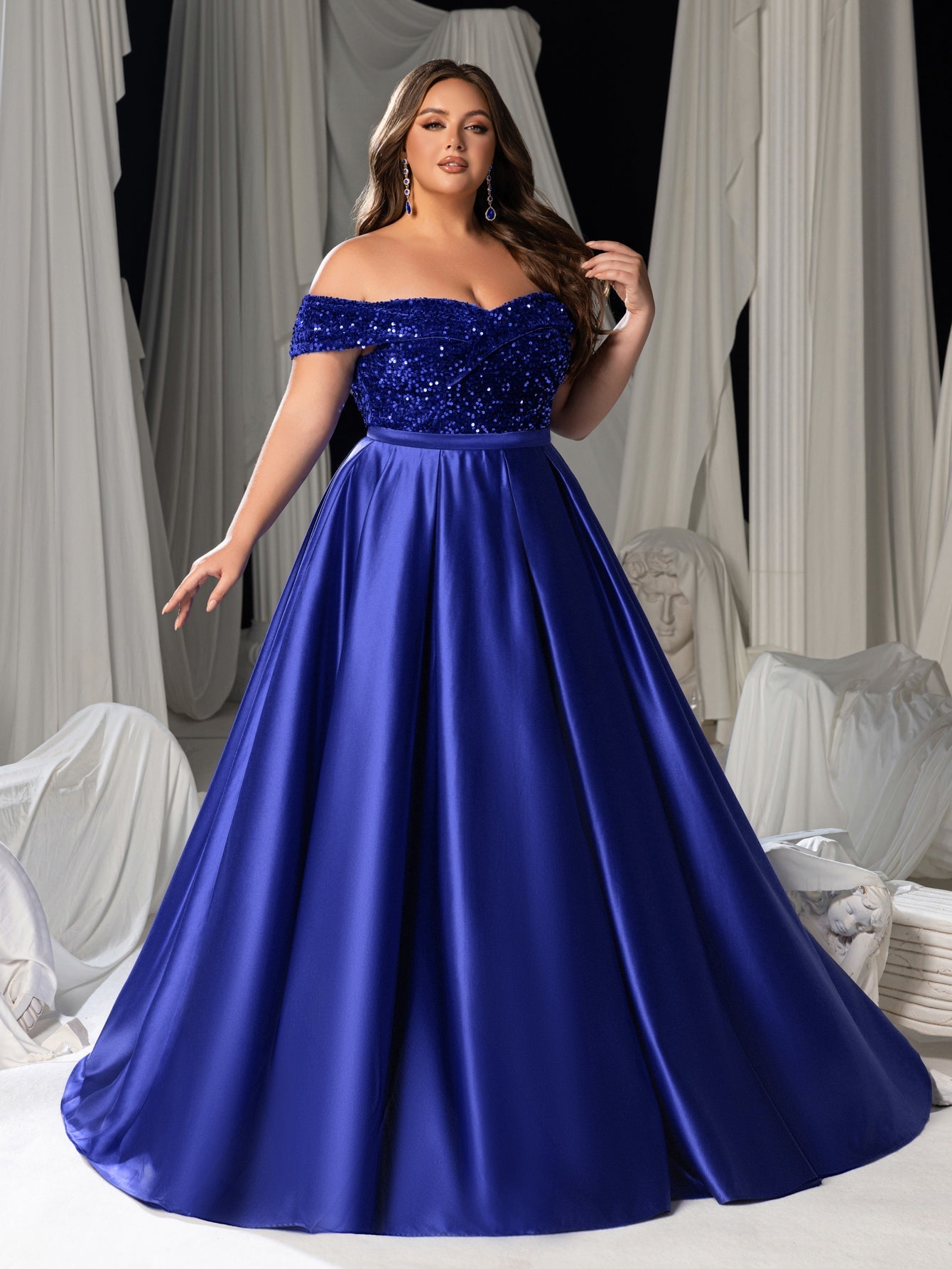 Plus Size Off-Shoulder Sequin Evening Gown - Formal Dress with Voluminous Satin Skirt