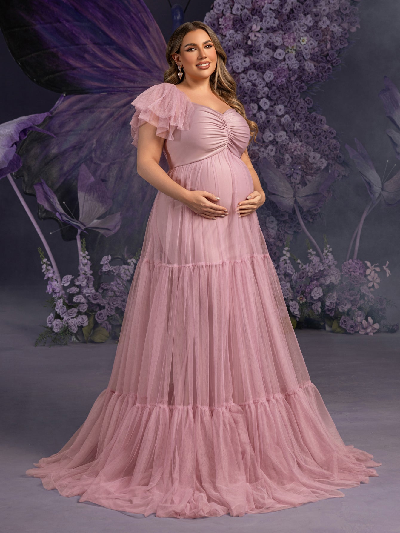 Plus Maternity Ruched Bust Layered Hem Mesh Ruffle Cami Dress