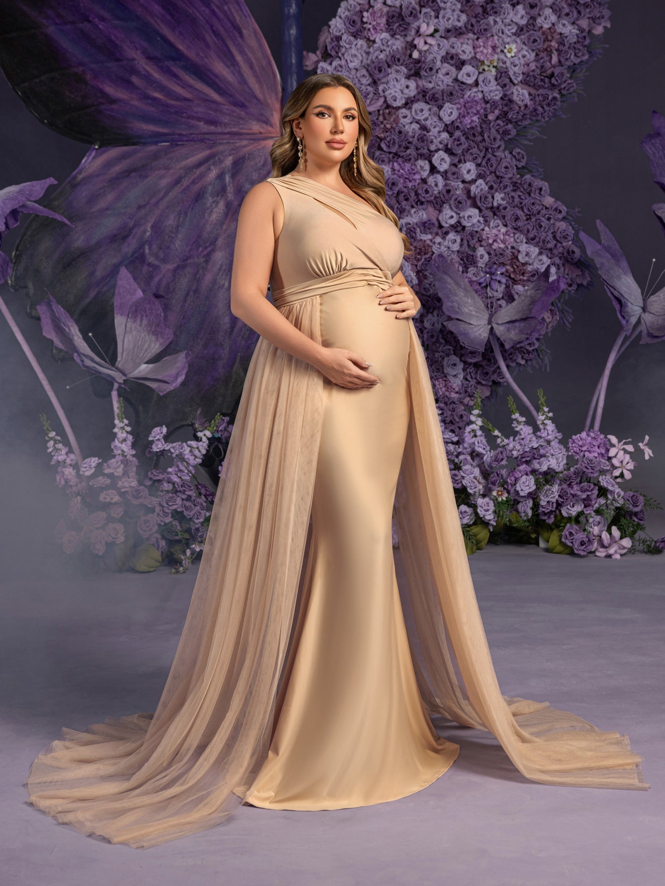 Plus Maternity One Shoulder Contrast Mesh Mermaid Evening Dress