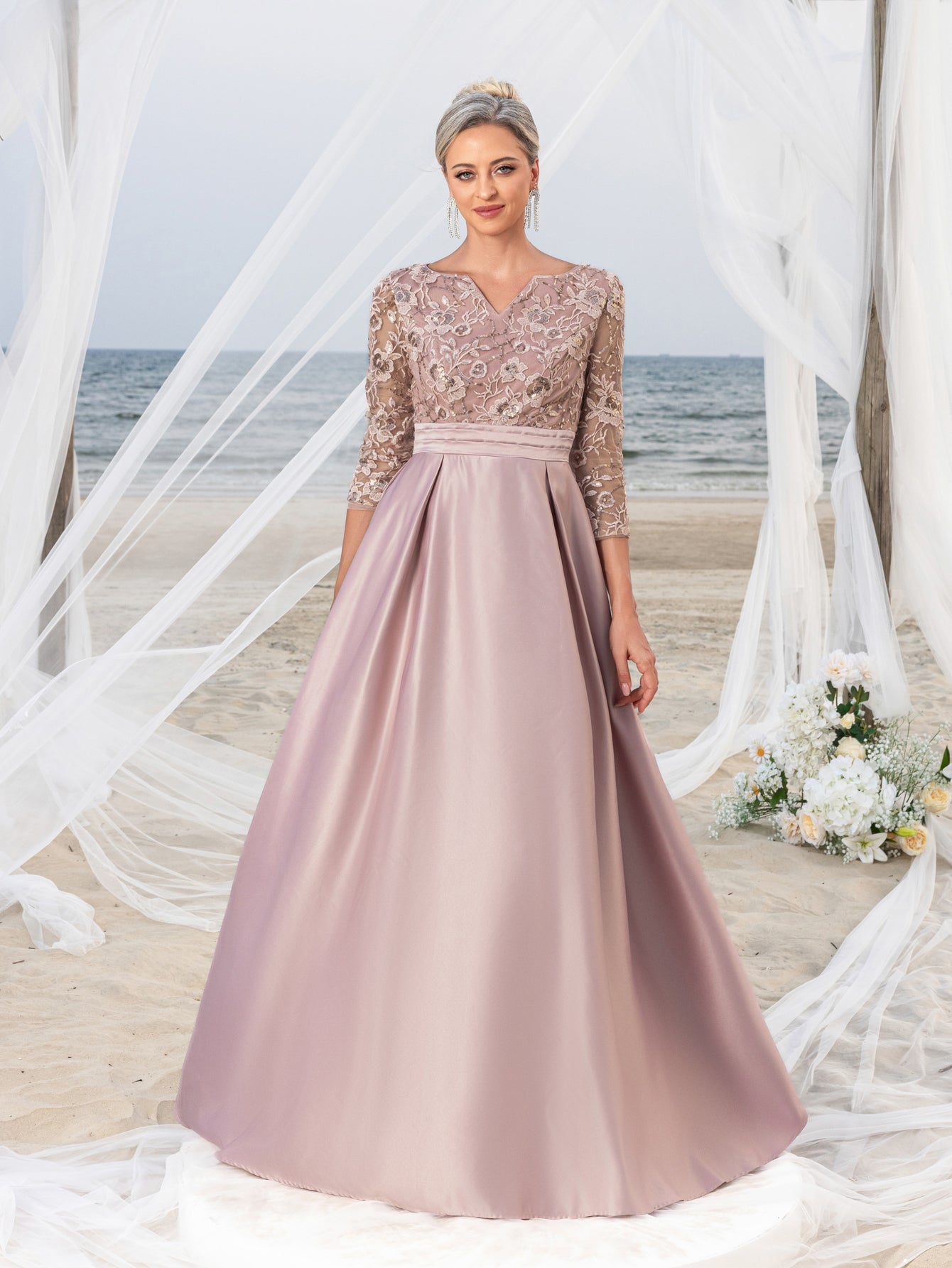 Womens' Glamorous Evening Gown: Allover Sequin-Embroidered Bodice & Satin A-Line Skirt – Elegant Formal Dress for Black-Tie Events