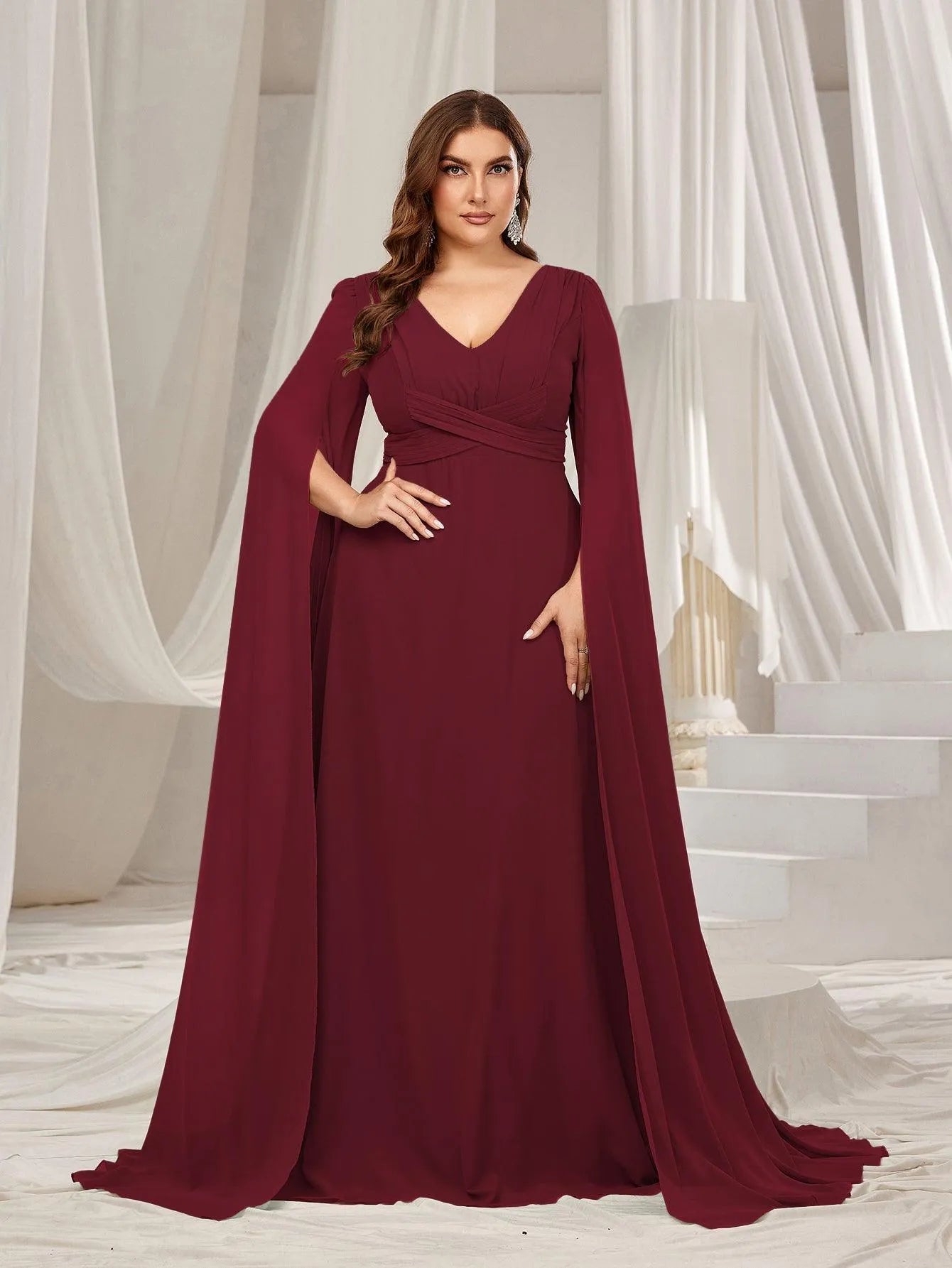 Plus Solid Ruched Front Extra-Long Sleeves Chiffon Prom Dress Dark Green / 3XL Plus Solid Ruched Front Extra-Long Sleeves Chiffon Prom Dress Dark Green / 3XL