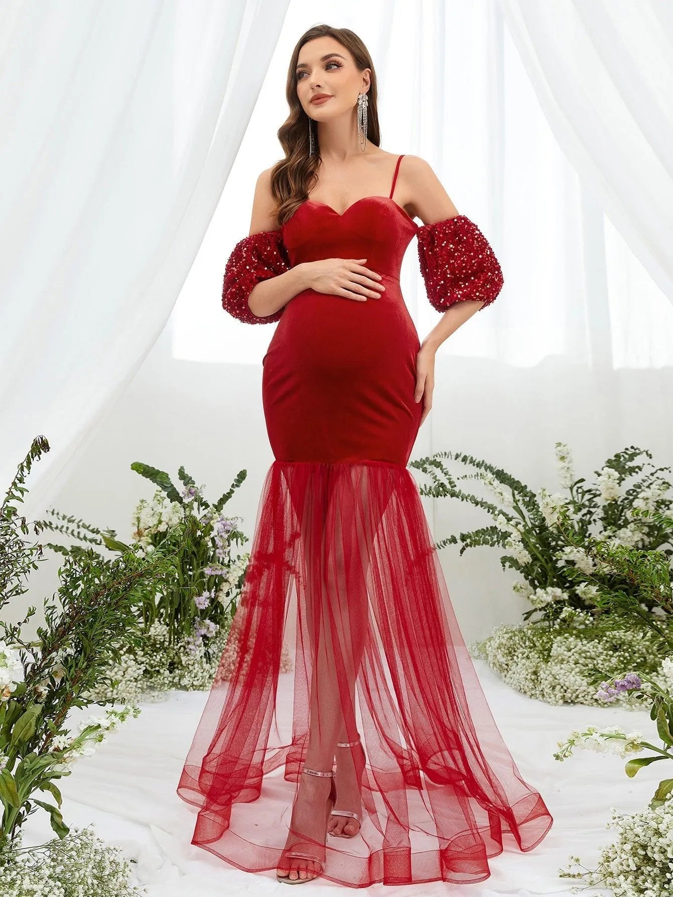 Maternity Puff Sleeve Mermaid Hem Velvet Cami Dress Red / S Maternity Puff Sleeve Mermaid Hem Velvet Cami Dress Red / S