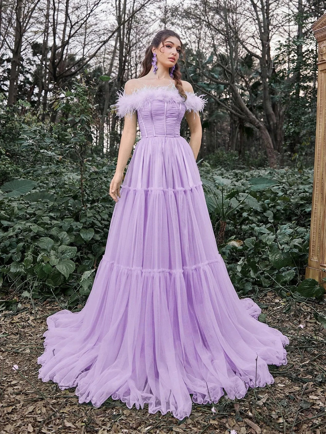 Elegant Feather Trim Off Shoulder Layered Tulle Prom Dress Faeriesty Elegant Feather Trim Off Shoulder Layered Tulle Prom Dress Faeriesty