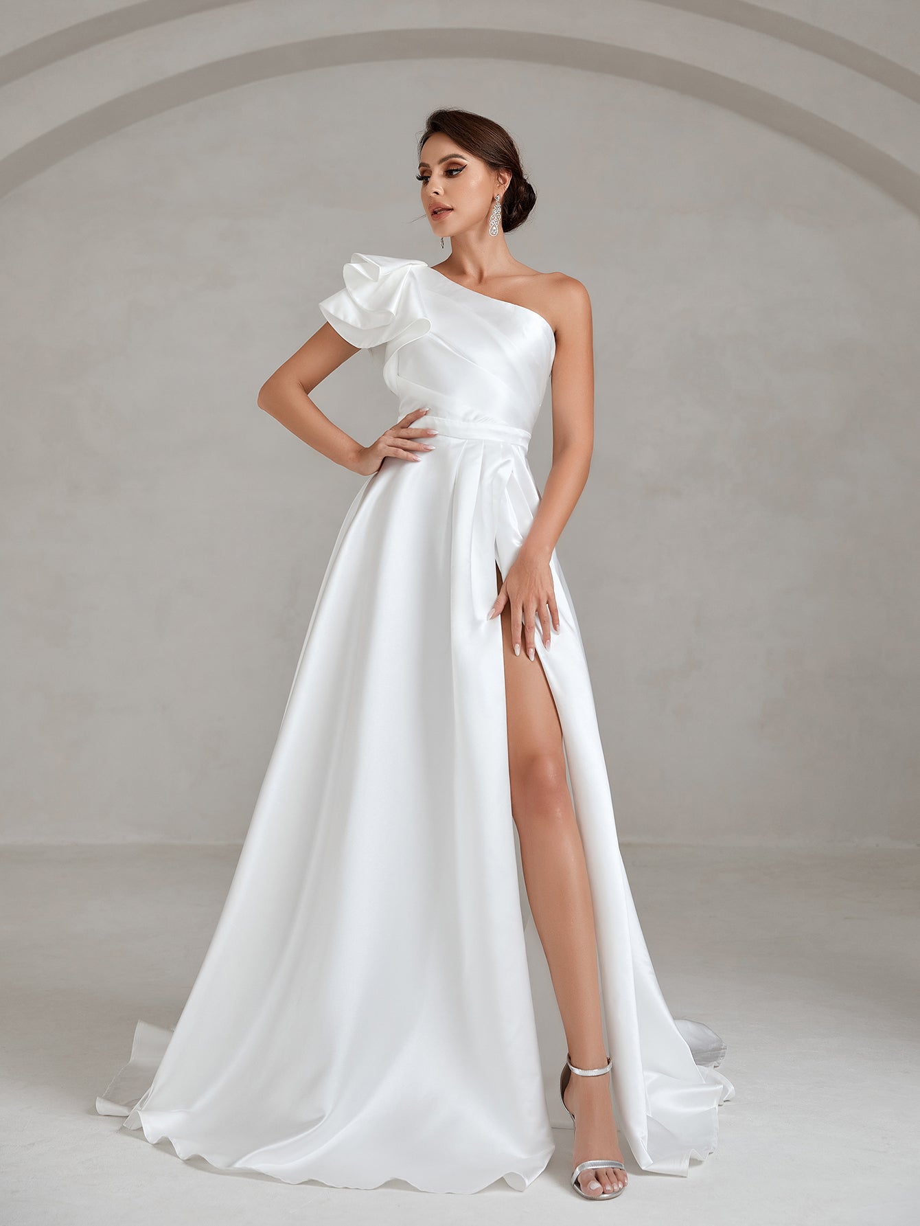 Ruffle Trim One Shoulder Split Thigh Satin A Line Wedding Dress