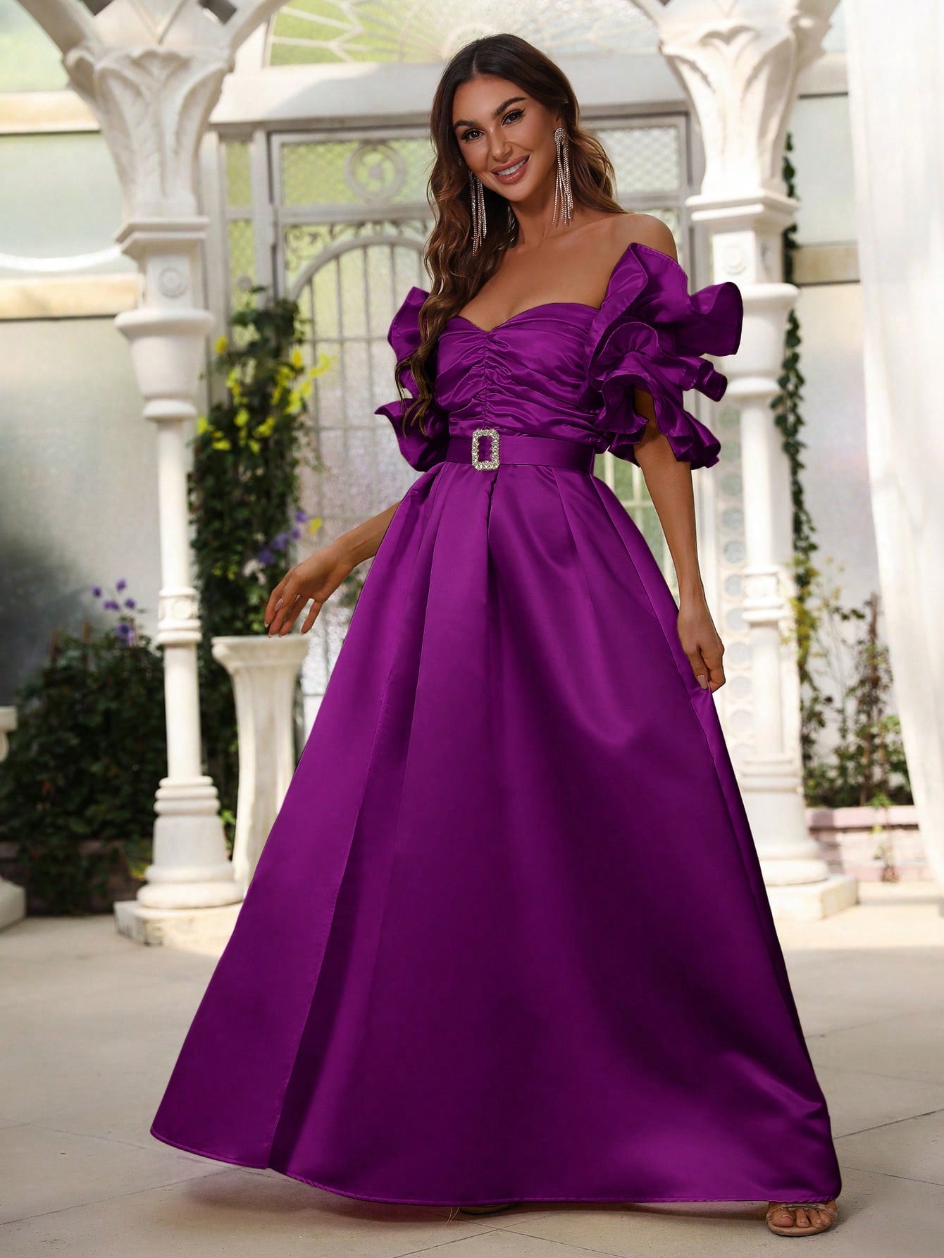 Ruched Ruffle Trim Satin A Line Gown